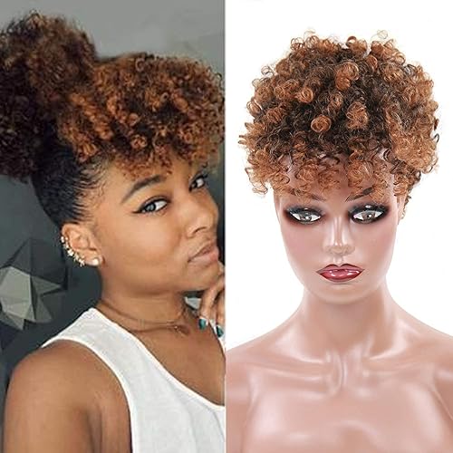 Cordón de cola de caballo afro alta con flequillo rizado afro, cola de caballo corta afro rizada con clip en cabello sintético rizado, moño con