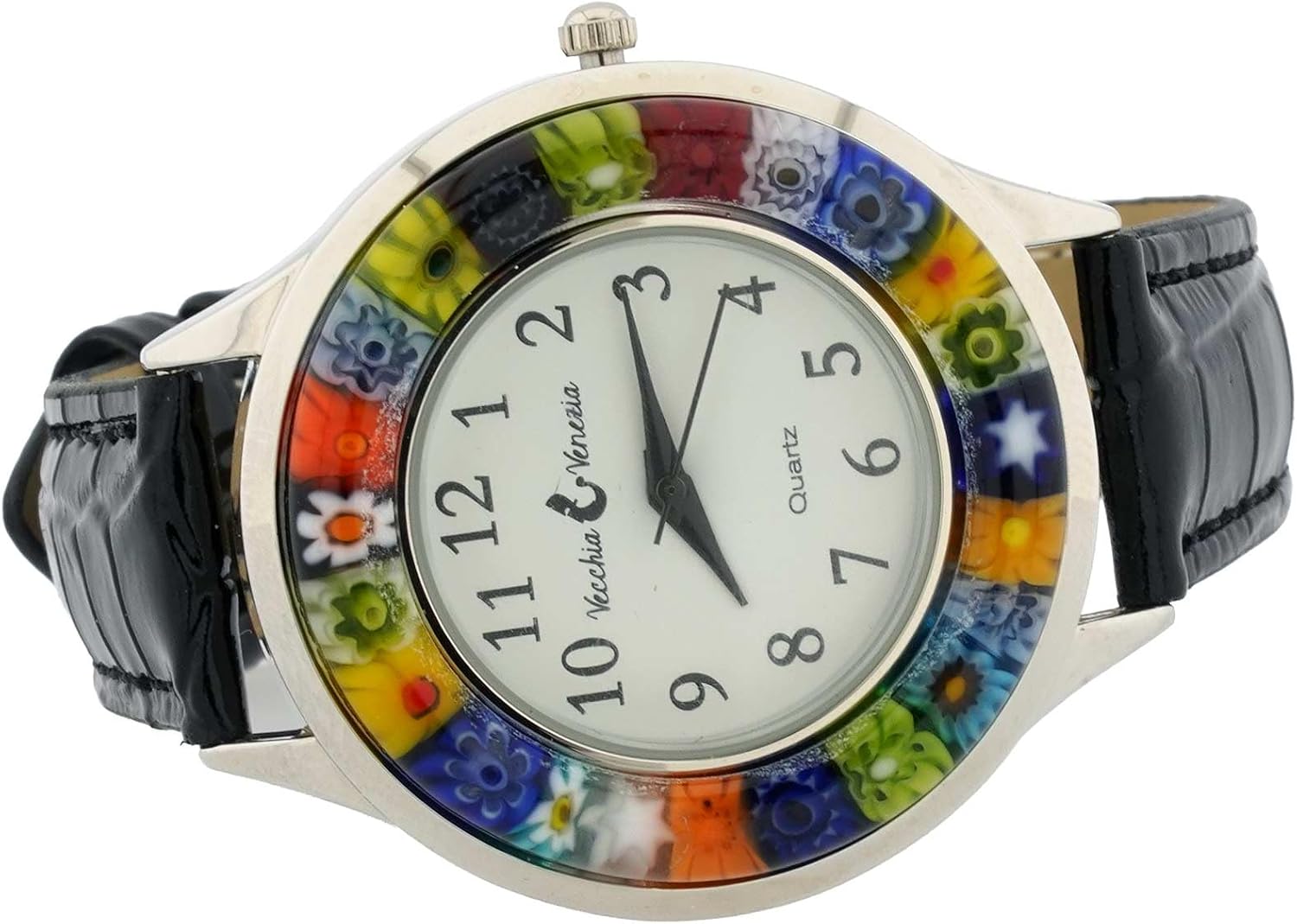 Glass Of Venice Serena Murano Millefiori Watch with Leather Band - Black