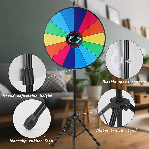 Miniatura 4 de iElyiEsy Rueda de premios de 24 pulgadas con trípode plegable, altura ajustable, rueda giratoria de 14 ranuras para premios con marcadores de