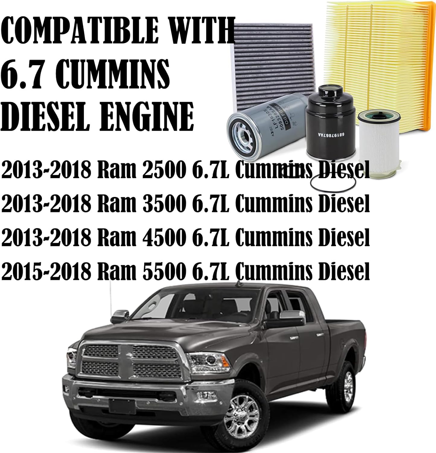 6.7 Cummins Diesel Filters Kit Compatible with 2013-2018 Ram 2500 3500 4500 5500 6.7L Cummins Diesel Oil Fuel Engine Cabin Air Filtration 5083285AA 53034051AB 68406048AA 68157291AA 68197867AA