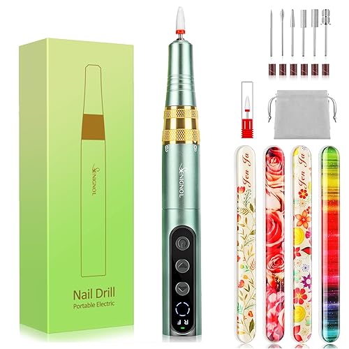 Taladro de uñas inalámbrico eléctrico verde de 35000 RPM, paquete de 4 limas de uñas de cristal con estuche