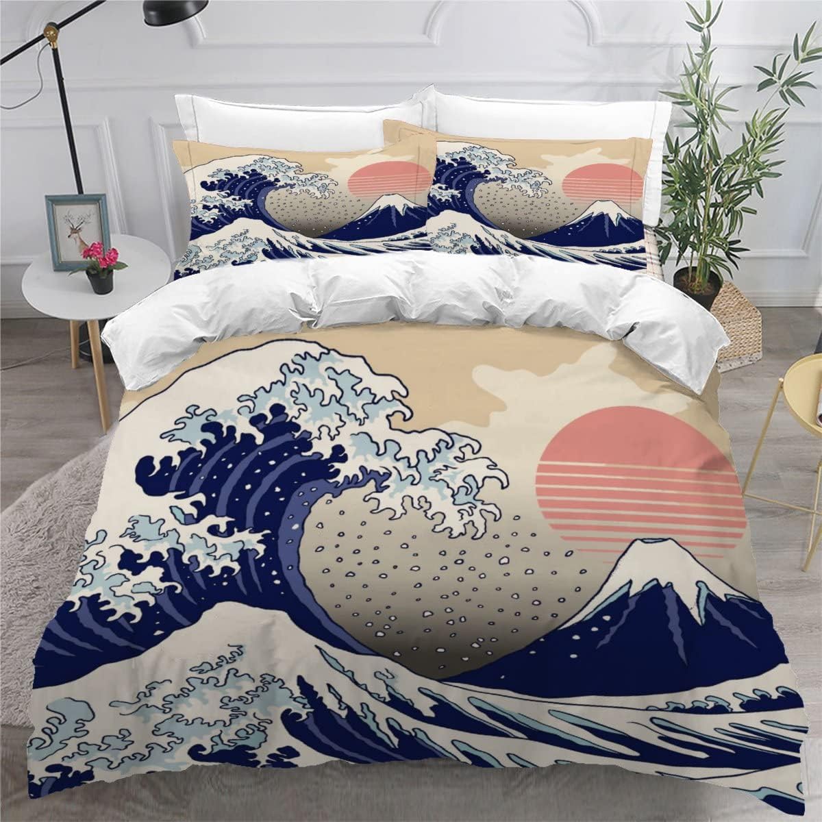 MEVASA Japanese-style Bedding Double Bed Set Microfiber Teenager Bedding Japanese Art 3D Bedding Set for Small Double 3Pcs Anti Allergic Double Duvet Cover Set with Zipper /200x200