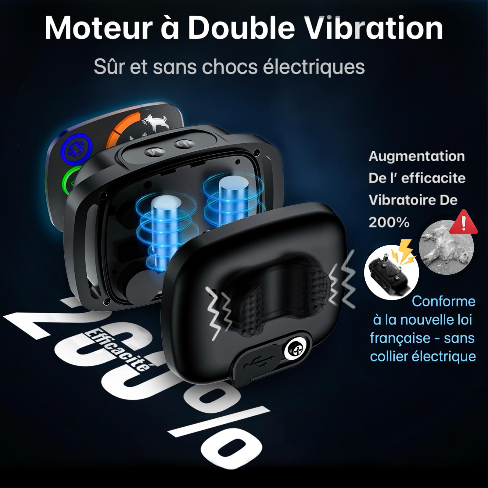 Collier Anti Aboiement Chiens,Modes Son/Vibration/Vibration Forte, Détection Intelligente des Aboiements, Rechargeable, Étanche IP67, pour Petit et Gros Chien (Black)