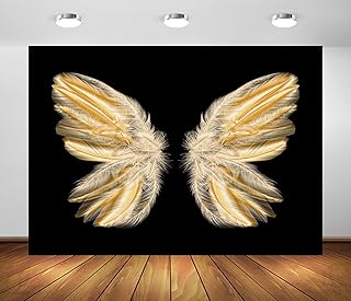 BELECO 7x5ft Fabric Gold Butterfly Wings Backdrop Golden Feather Wings Against Black Background for Butterfly Theme Party Decorations Kids Adults Artistic Portrait Photoshoot Studio Booth Props