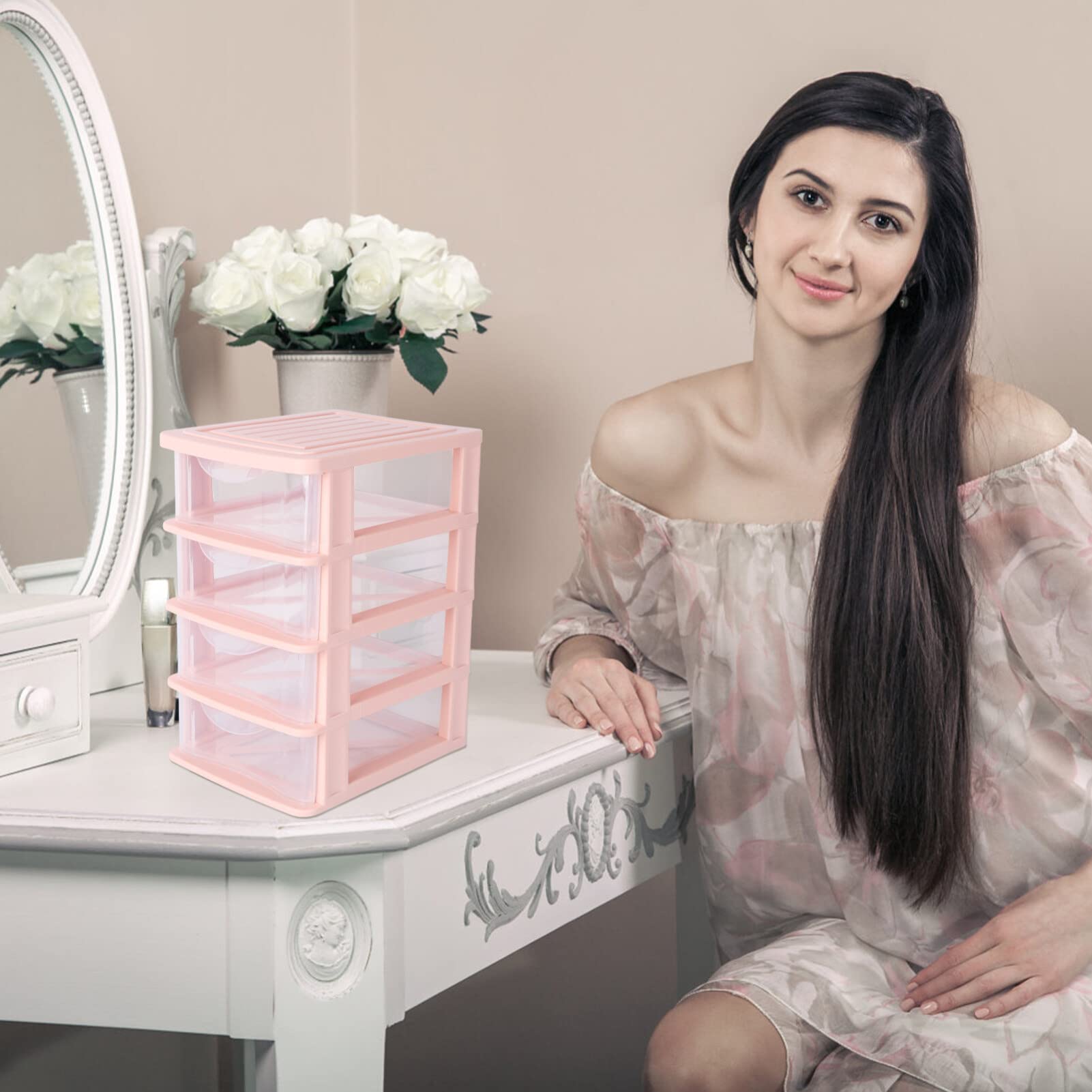 Boîte de Rangement Cosmétique à Tiroirs, 4 Compartiments, PP Rose