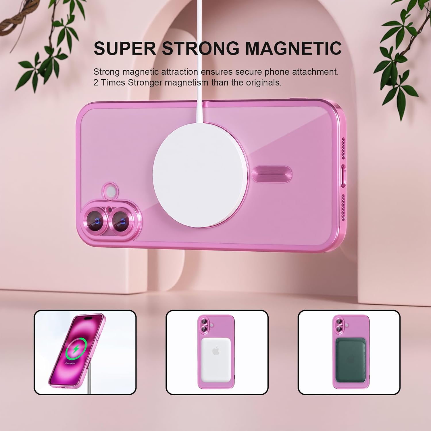 Misea Magnetic for iPhone 16 Plus Case Compatible with MagSafe [Never Yellowing] [Military Grade Drop Protection] Full Camera Lens Protector Plating Soft Clear Phone Case for Women 6.7 inch, Hot Pink - Image 5