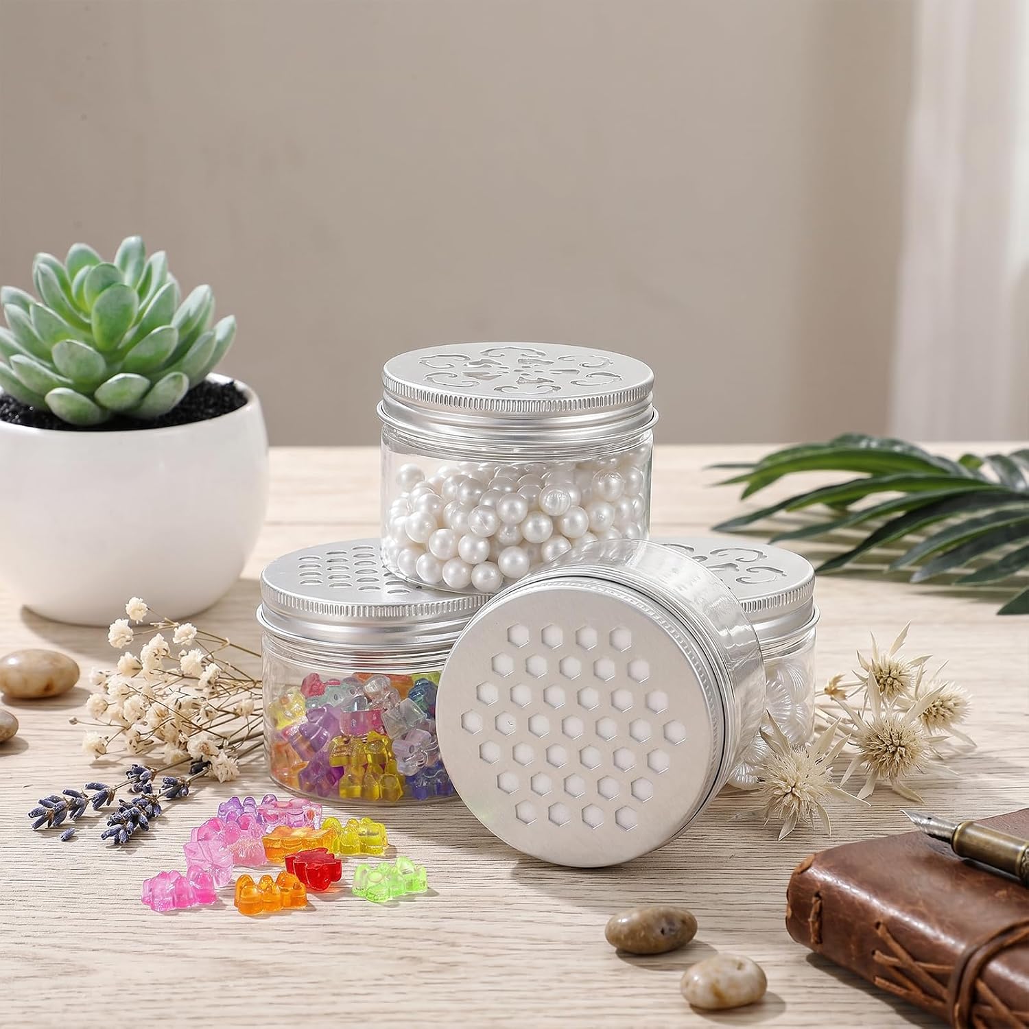 4 Ounce Aluminium Tins 20 PCS Scent Beads Container with Perforated Lids Refillable Clear Plastic Small Tins with Lids for Aromatherapy, Potpourri, Baking Soda, Car Vent Air Fresheners and Home Decor