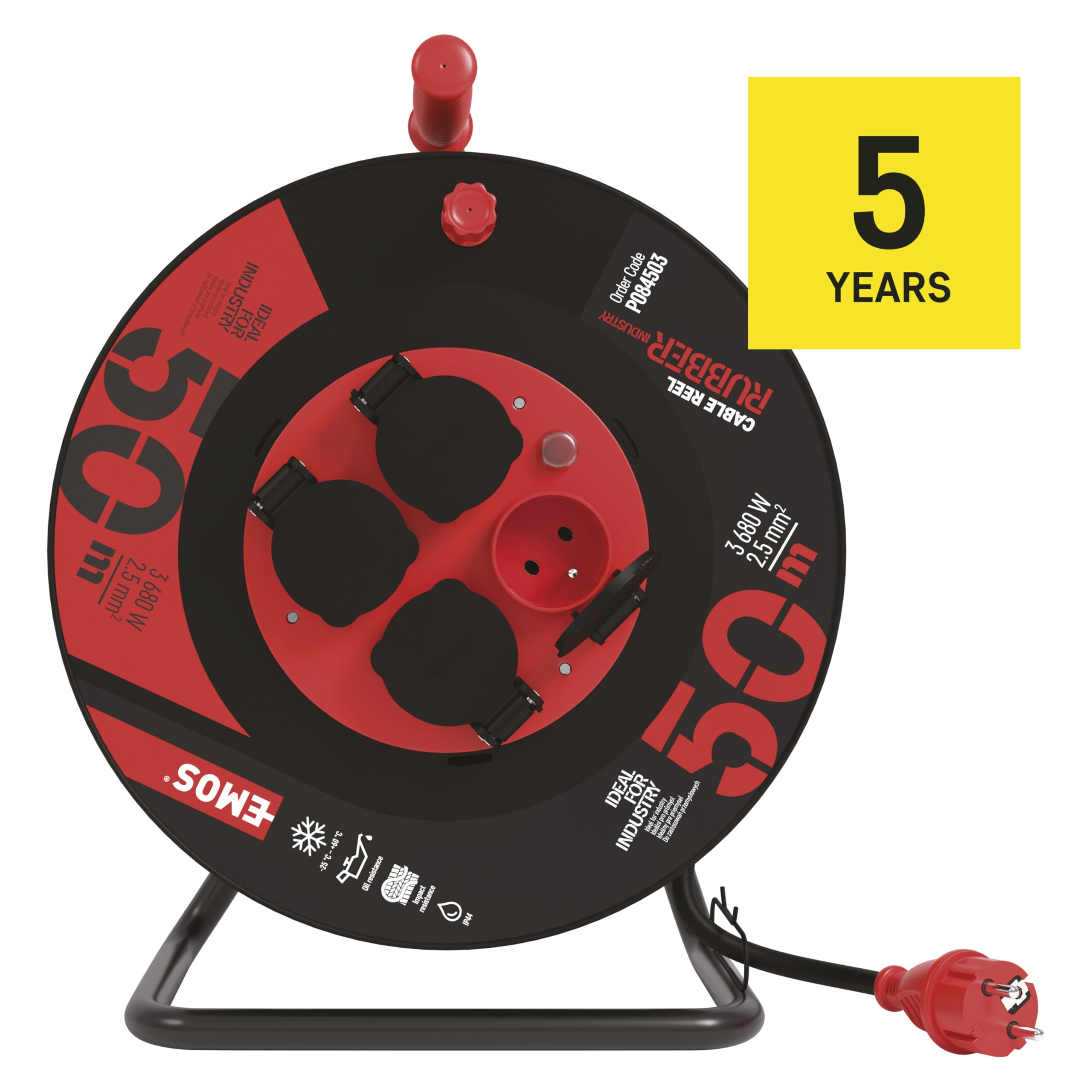 EMOS - Kabeltrommel 50m mit verstärktem Kabel - 4 French-Steckdosen - wasserdicht, schlagfest, hitze- & kältebeständig - 230V, 16A, 3680W - Gummi-Isolierung - H07RN-F3G 2,5 mm2 - IP44 für Außen