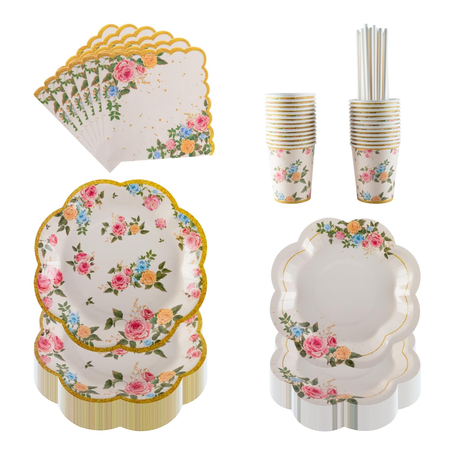 PHUNAT Vintage Floral Party Tableware Set for 25 Guests, Includes Paper Plates (7 & 9 inch), Cups, Napkins, Straws, Perfect for Afternoon Tea Party, Birthday, Wedding, Family Gatherings