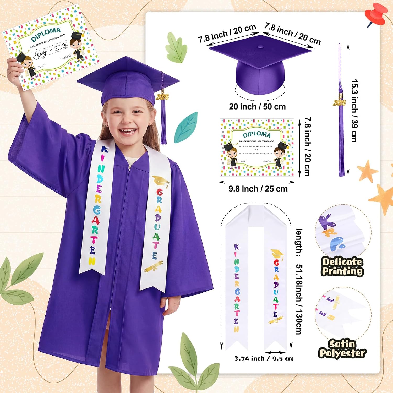 Lasnten Matte Kindergarten Graduation Gown Cap Tassel Set with 2026/2027 Charm Stole Accessories for Kids Grad Gift