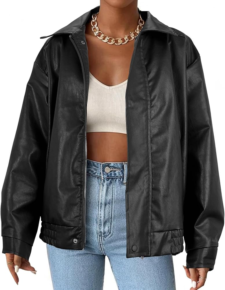 Womens Faux Leather Jacket Black Bomber Vintage Pleather Jacket