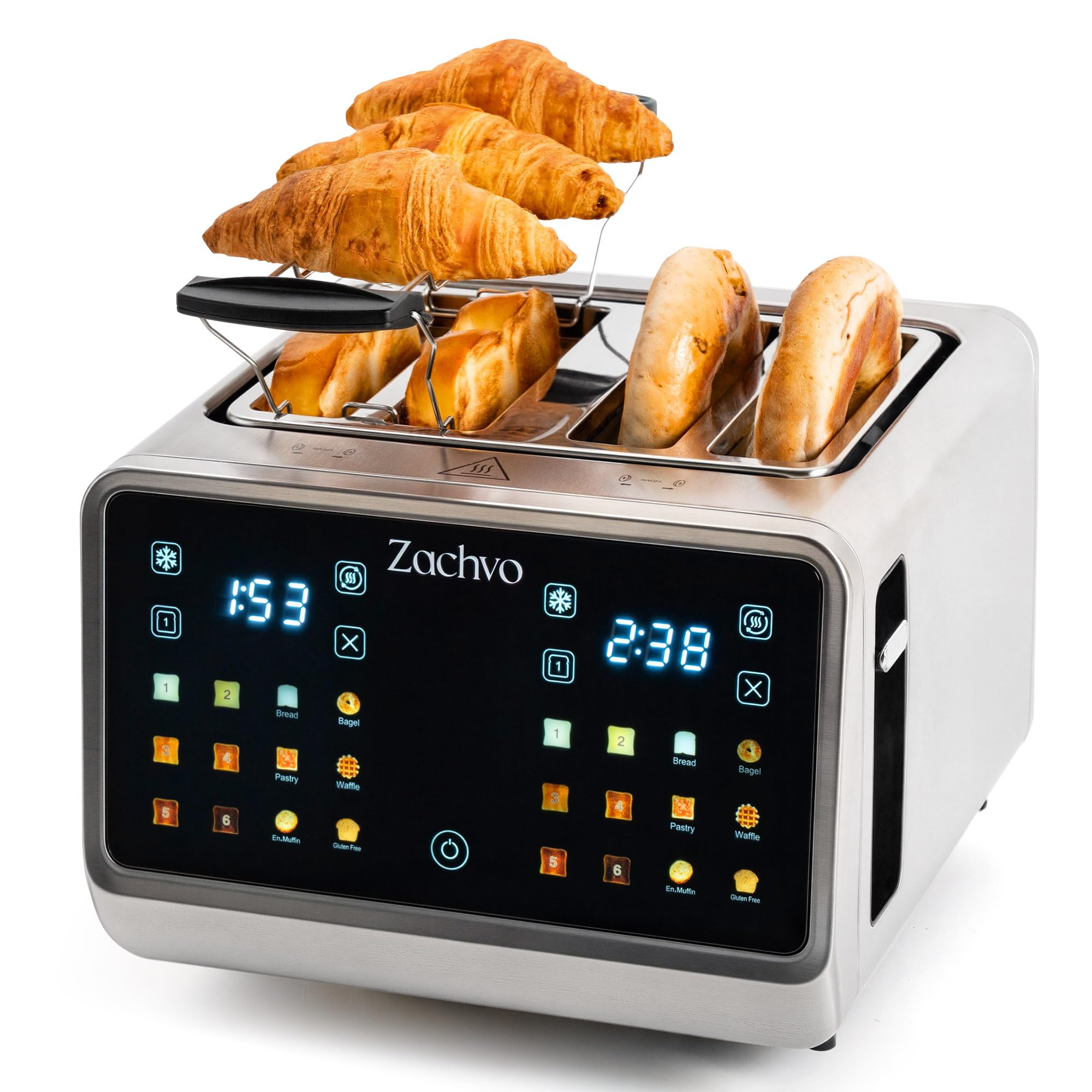 Toaster 4 Scheiben Edelstahl mit Touchscreen & LED Countdown, 2 unabhängige Toastzonen, 3,7 cm extra breite Schlitze für dicke Brotscheiben & Bagels, 6 Programme, Brötchenaufsatz & Sandwichhalter