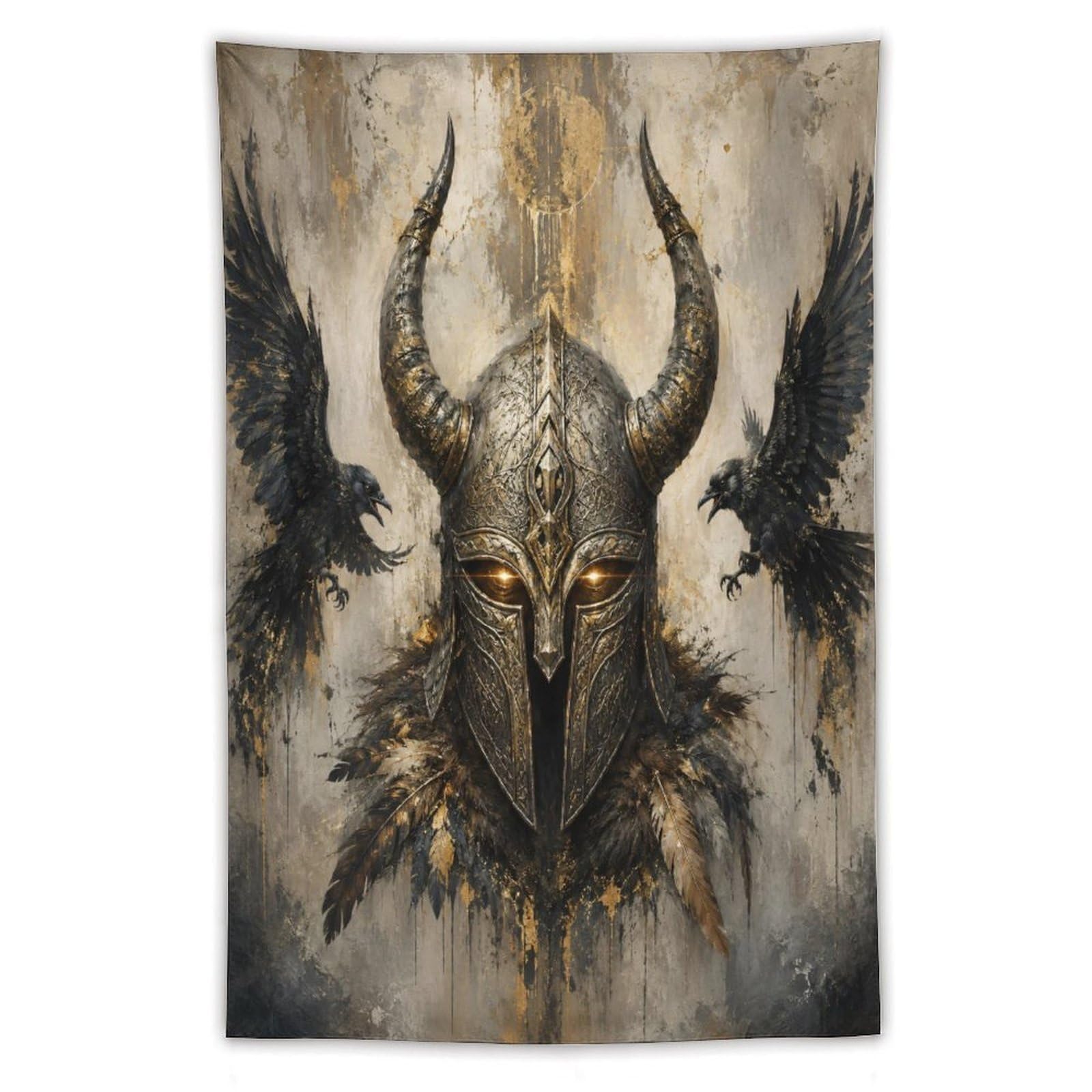 W7C8U2X3 Viking Helmet Black Ravens Wall Tapestry, Nordic Warrior Symbol