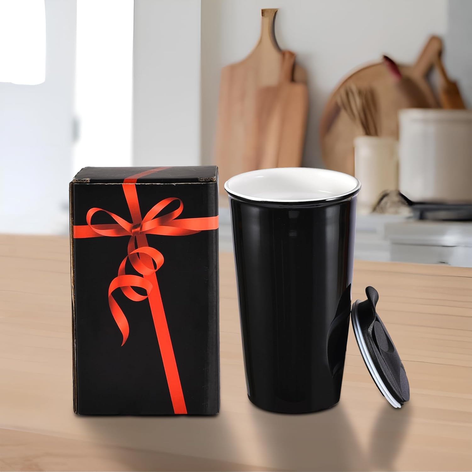 Ceramic Travel Mug, 12oz Unique To Go Coffee Mugs with Splash Resistant Lid and Color Box, Reusable Double Wall Black Mug Porcelain Coffee Cup, Gifts for Women Men Her Him, Black - Image 7