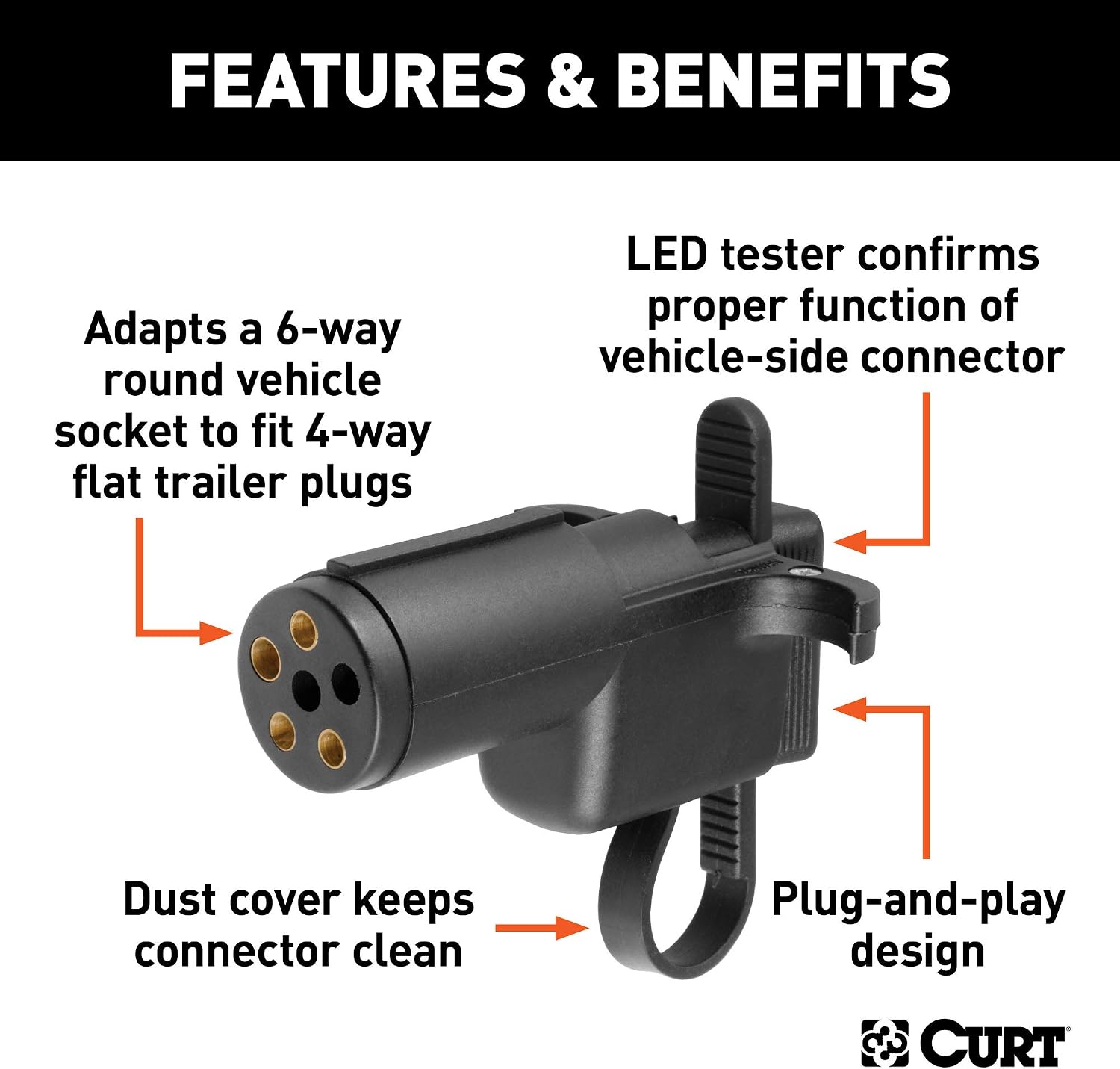 CURT 57627 6-Way Round Vehicle-Side to 4-Way Flat Trailer Wiring Adapter with Tester