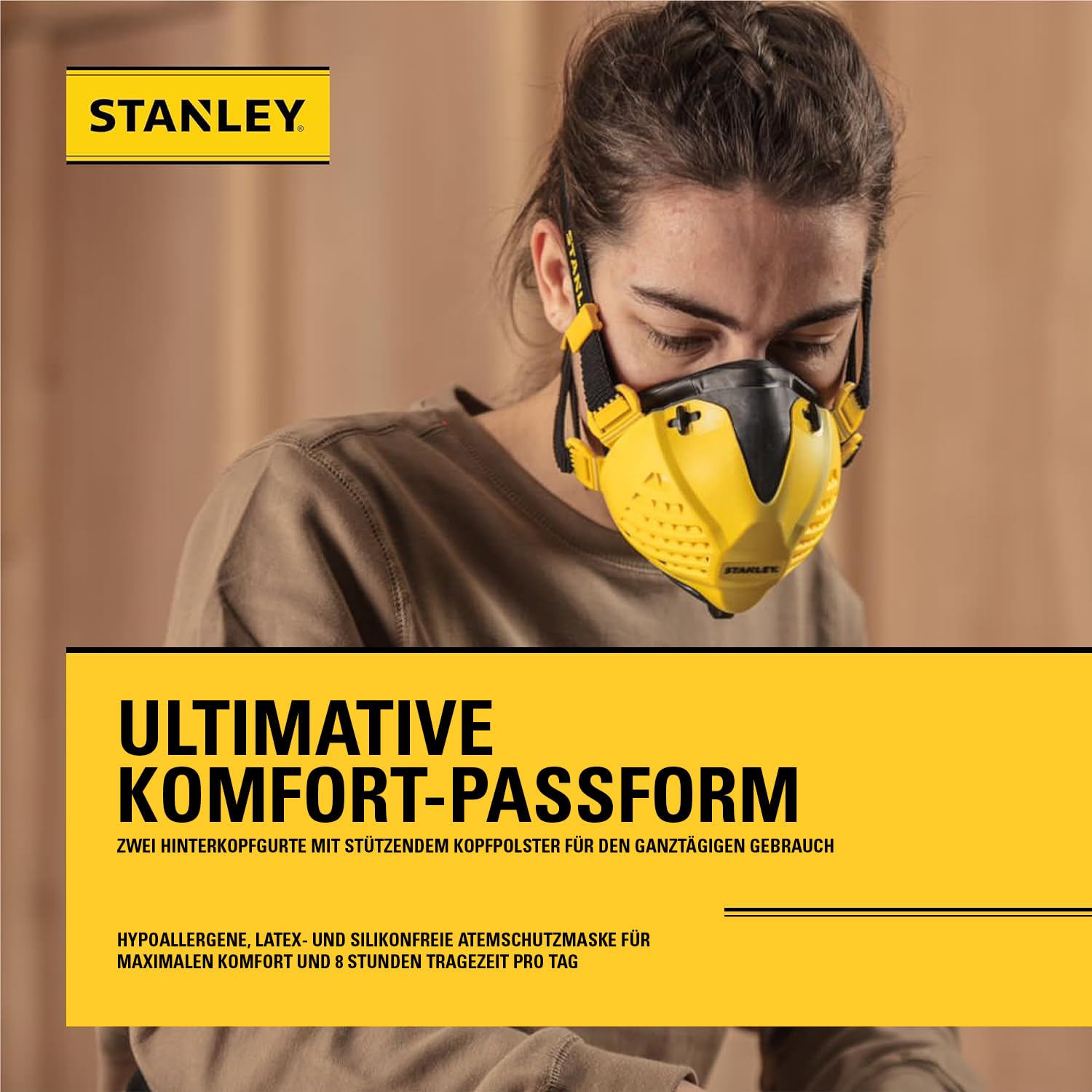 Stanley P3 Atemschutzmaske, wiederverwendbare Staubschutzmaske mit Face-Fit-Check Technologie und integrierten 99,99% P3-Filtern. Schutzmaske, Atemmaske, Feinstaubmaske, P3 Maske, Schleifmask
