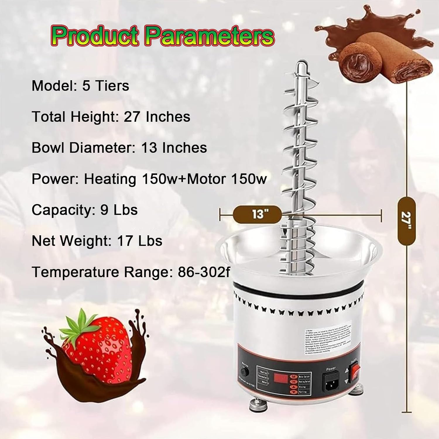 Chocolate Fountain Machine with Temperature Control - 7-Layer Commercial Fondue Fountain for Parties, Weddings & Restaurants - Large Capacity Dessert Waterfall