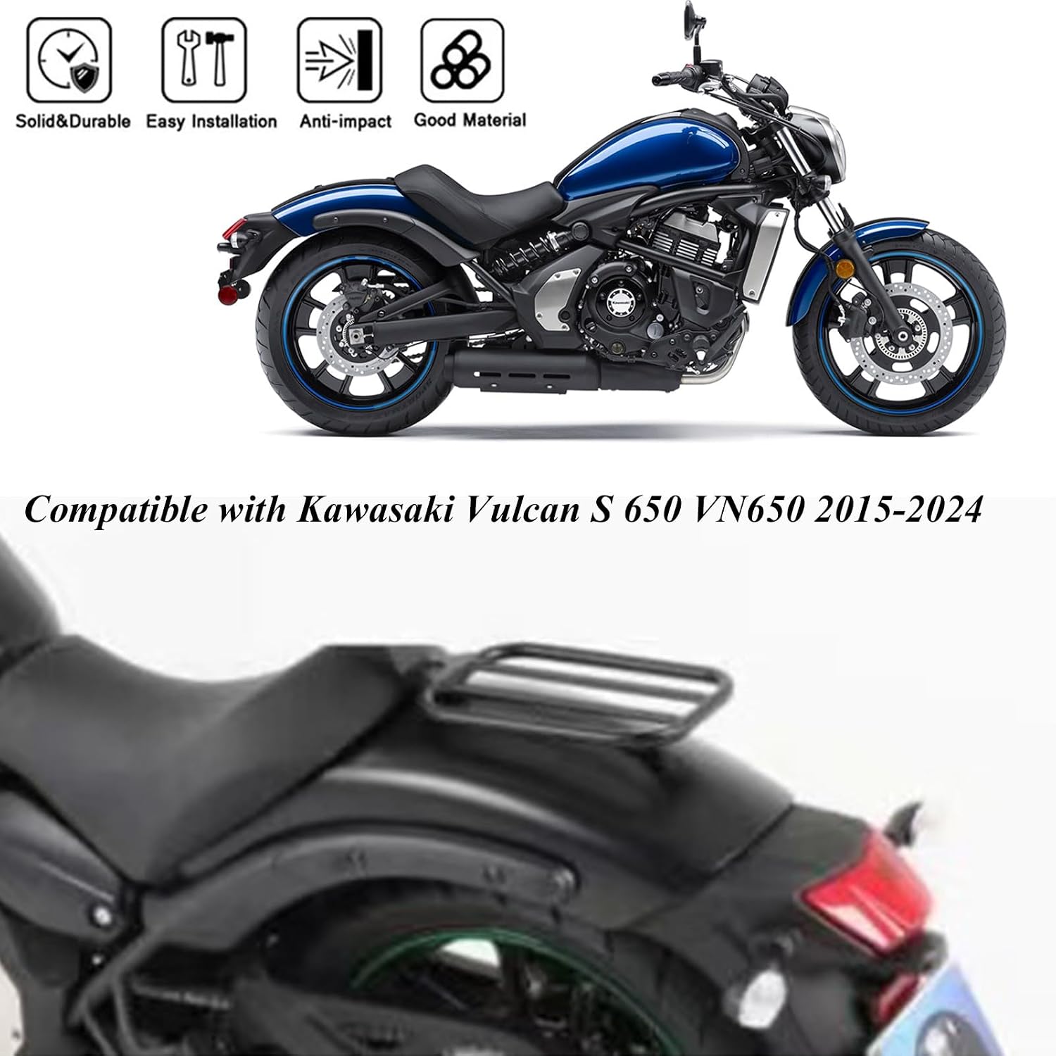 Luggage Rack Compatible with Kawasaki Vulcan S 650 VN650 2015-2024 Motorcycle Rear Rack, Iron Rear Tail Storage Rack Cargo Carrier Top Box Holder Support Bracket Extended Seat Shelf Accessories
