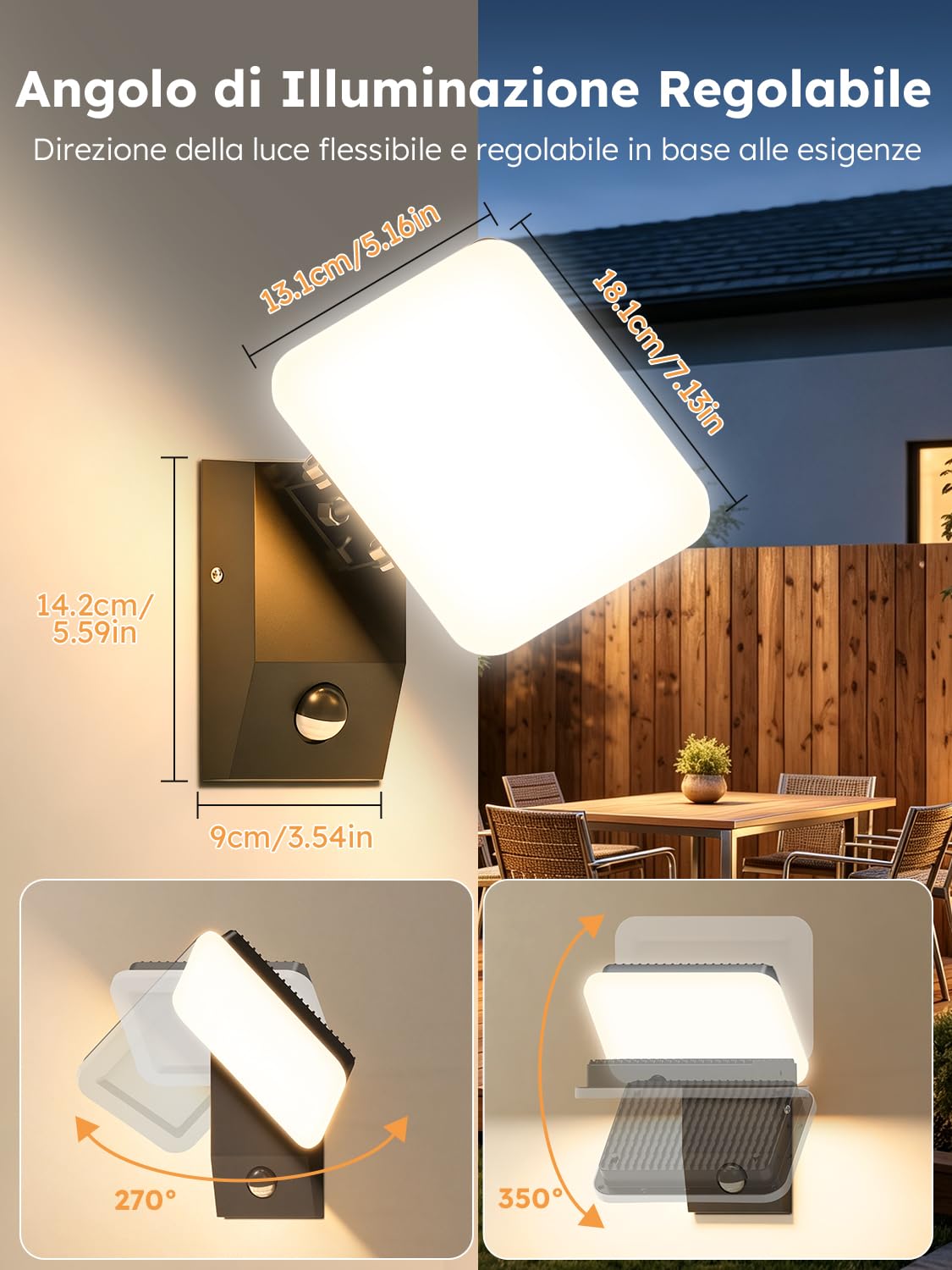 Applique da Esterno LED con Sensore di Movimento 32W 2 Pezzi,3000K/4000K/6500K Lampada Parete Esterno,3200LM LED Luce Esterna con Telecomando & Panel Rotazione,Applique per Veranda,Garage,Terrazzo