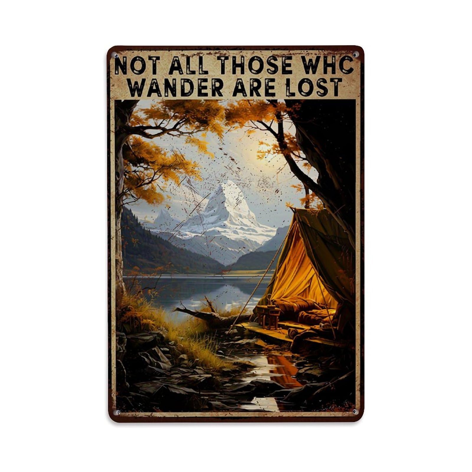Jdfenggu Vintage Mountain Lake Tent Autumn Sunset Retro Metal Tin Sign, Decor Art Poster For Bar, Home, Man Cave, Kitchen, Laundry Room Gift 8X12inch