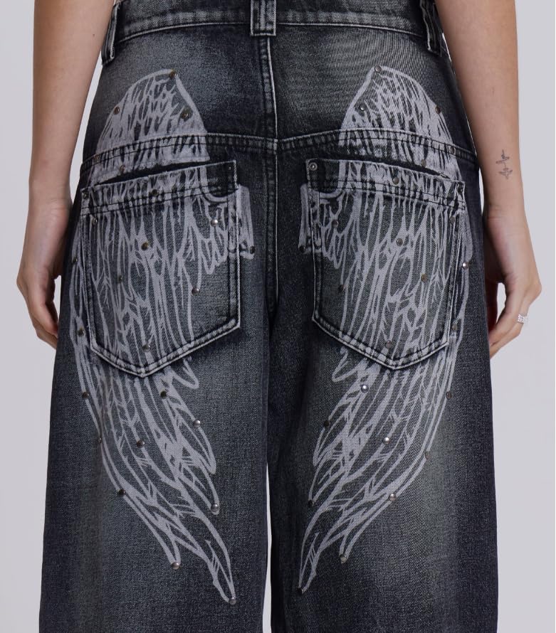 Mxiqqpltky Cute Jeans for Women Fairy Bow Print Wide Leg Denim Pants Y2k Baggy Straight Leg Jeans Casual Mom Jeans Streetwear3