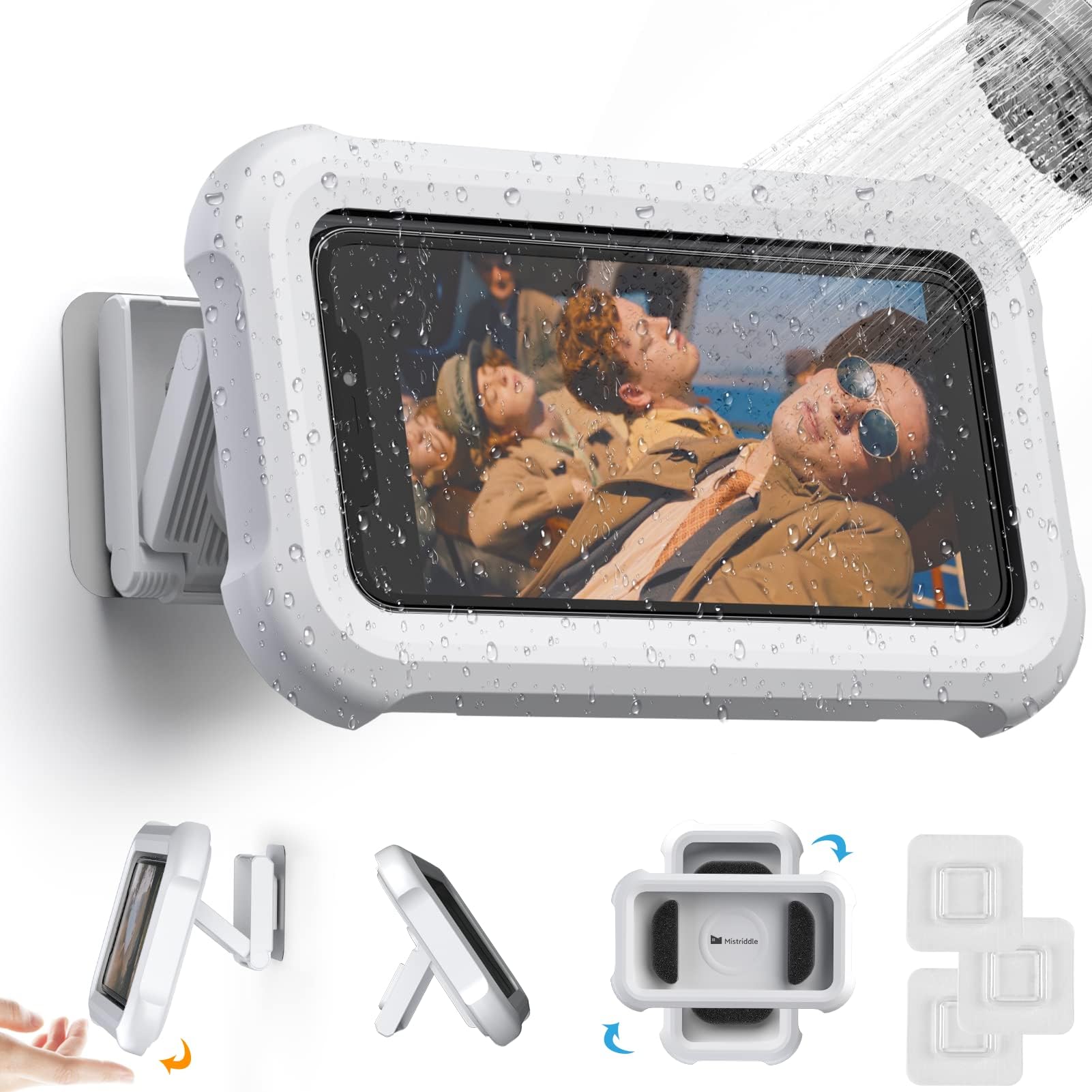 Mistriddle Waterproof Shower Phone Holder with 360 Rotation, Angle Adjustable, Wall Mounted Phone Holder for Bathroom Mirror Bathtub Kitchen, Up to 6.8 Inch (Upgraded).