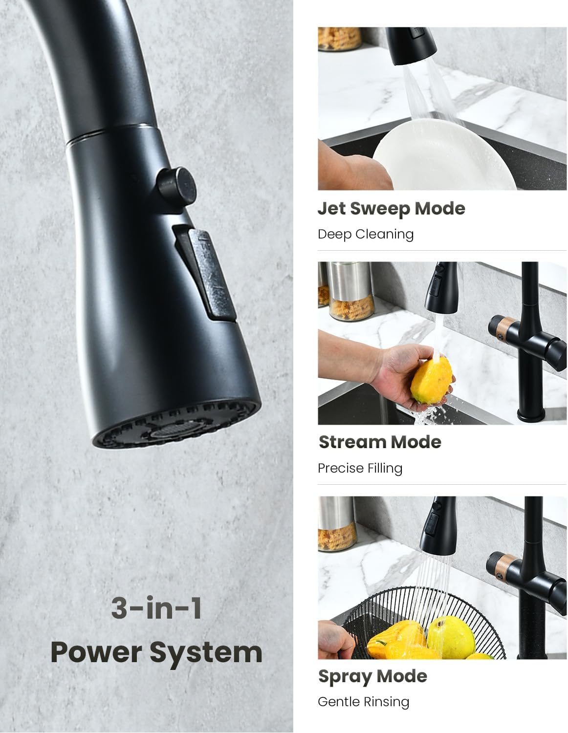 APPASO Black Kitchen Faucet with Water Filter, cUPC Certified Hoses, 3 Way Sink Faucets with Pull Down Sprayer 3 Modes, Single-Handle High Arch 3 in 1 Faucet, Without Water Filtration Device