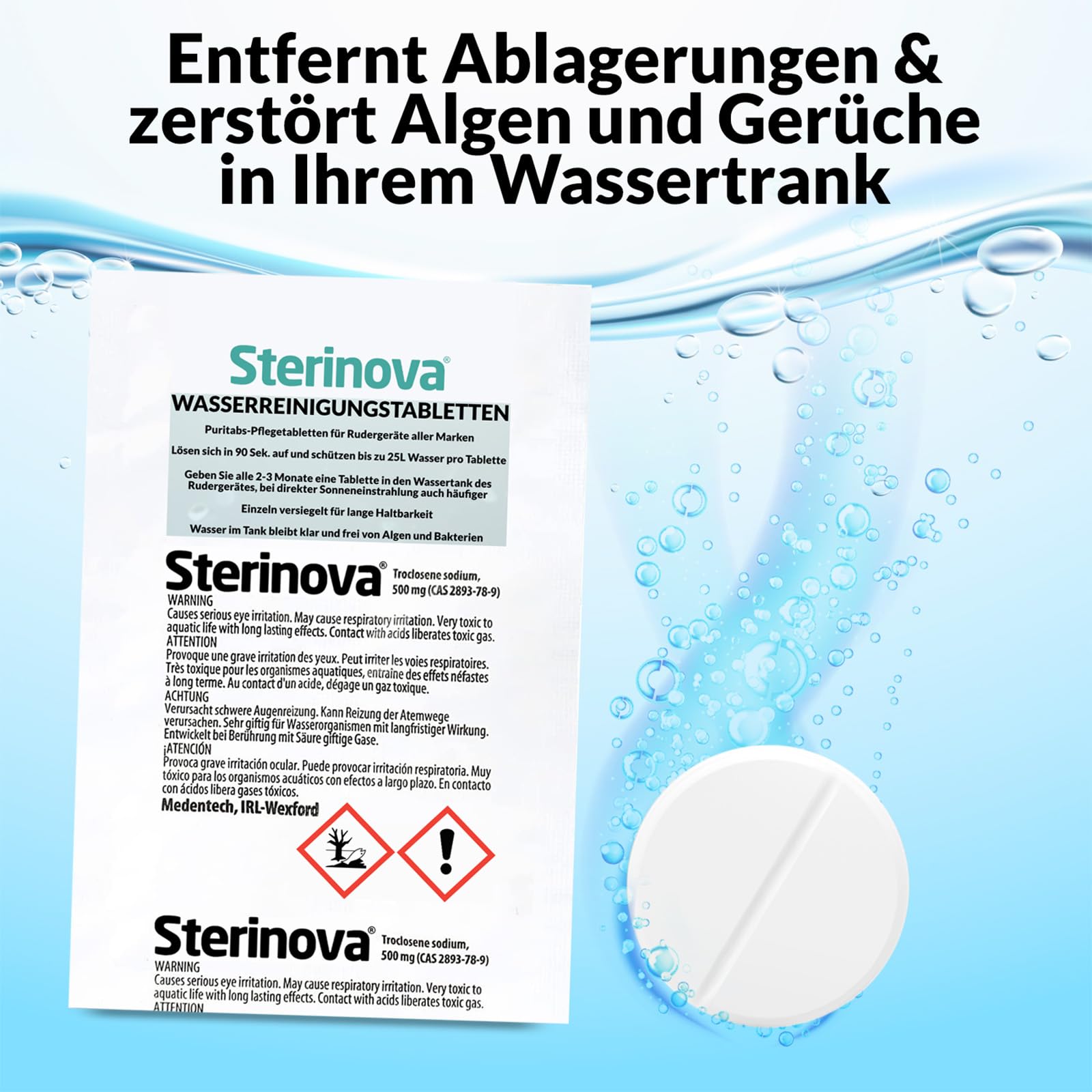 JB White Puritabs Sterinova 120x Wasser Rudergerät Tabletten gegen Algen, extra konzentriert, Chlortabletten zB geeignet für WaterRower, SportPlus, Skandika Wasserrudergerät (20 x 6)
