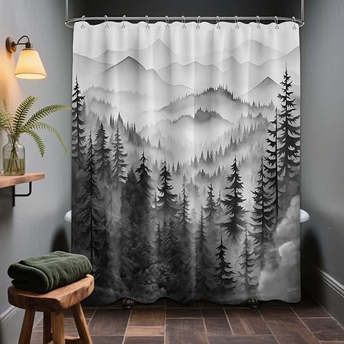 Miniatura 39 de Cortina de ducha azul marino de bosque Cortina de ducha azul oscuro de montaña y naturaleza para decoración de baño de hombres, tela impermeable con