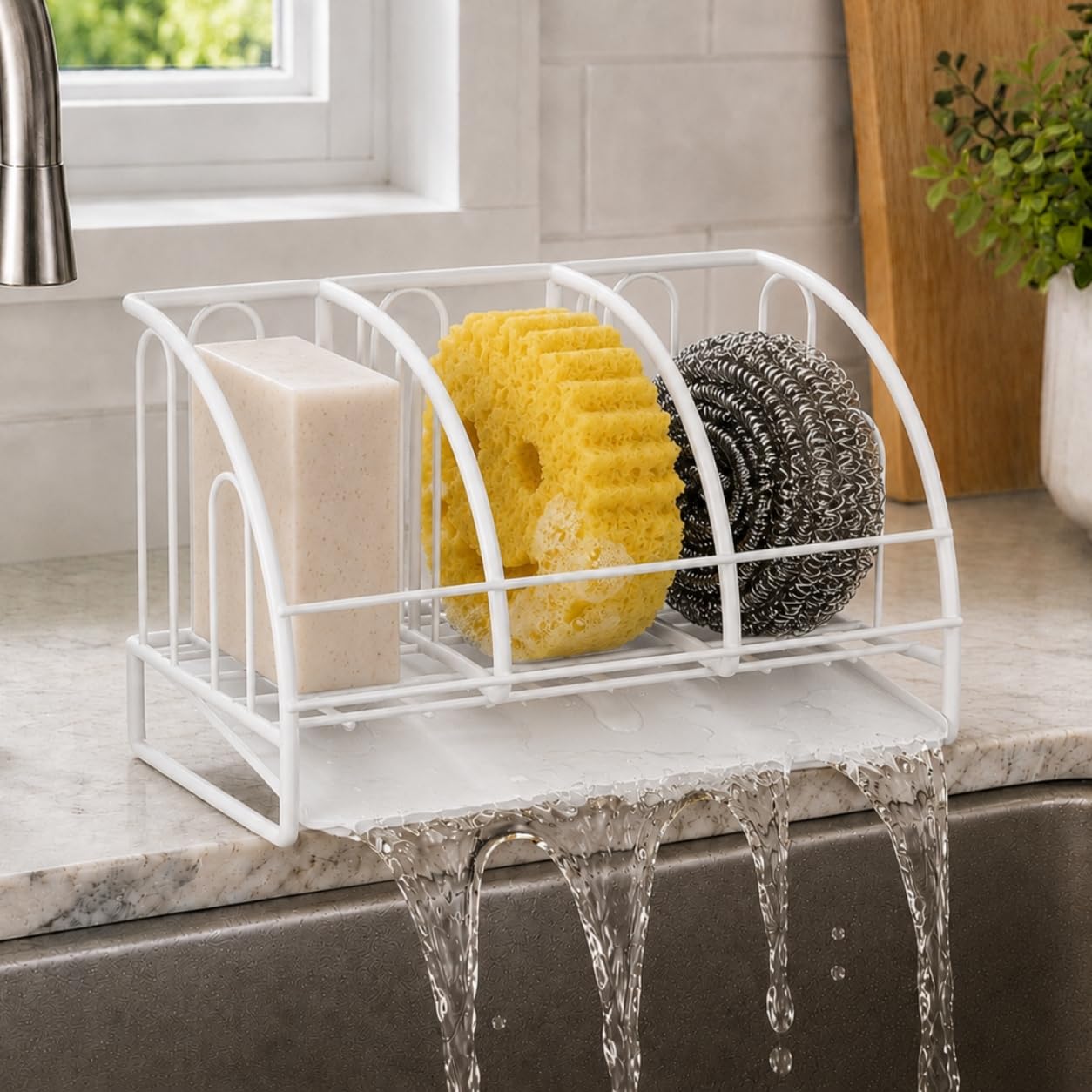 Sponge Holder for Kitchen Sink with Self Draining Soap Dish Sink Organizer