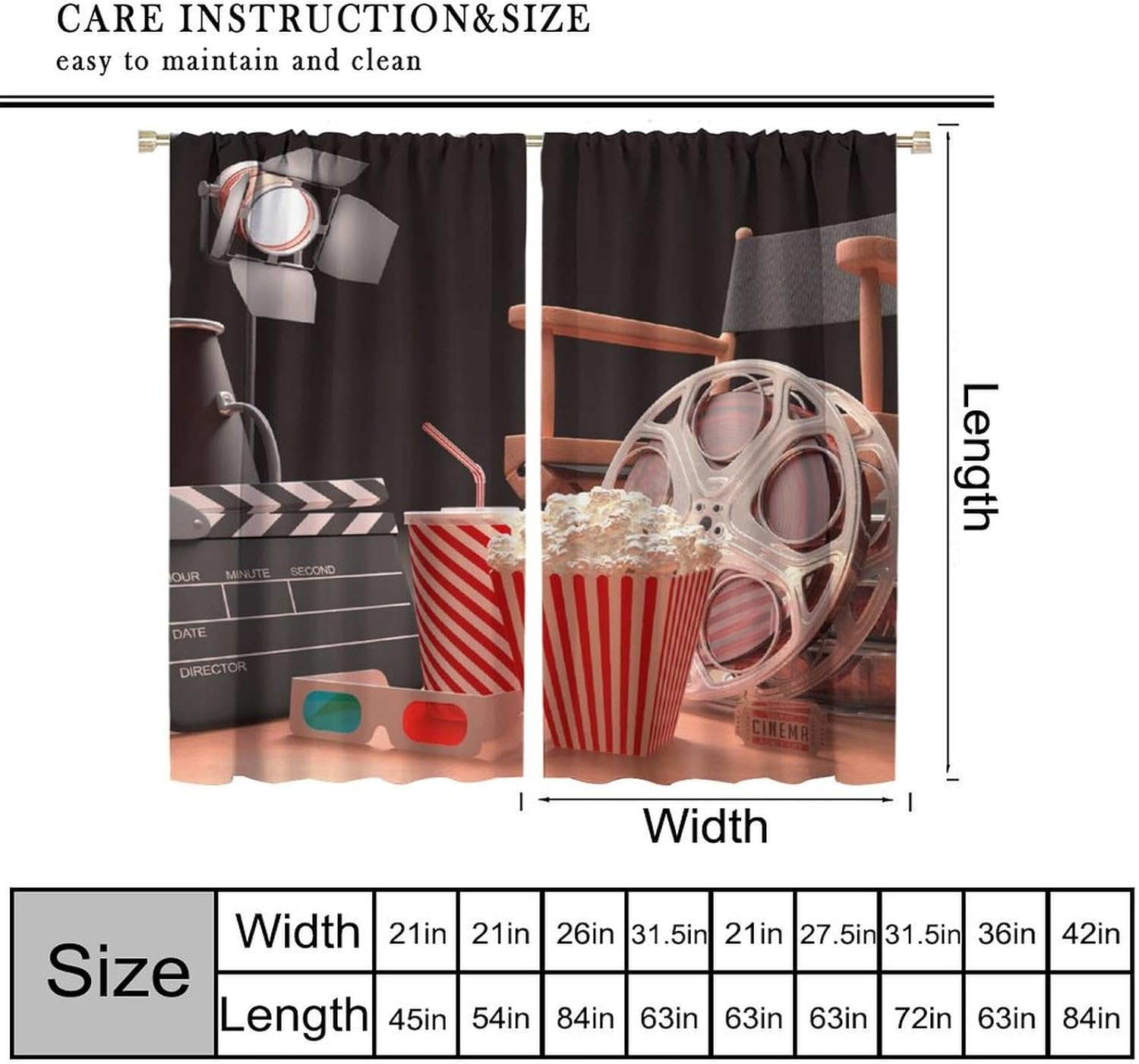 Movie Theater Curtains, Vintage Cinema Video Movie Theater Popcorn Film Print for Room Window Decor, Rod Pocket Blackout Drapes for Living Room Bedroom Kitchen 2 Panel Set 21" W X 45" L