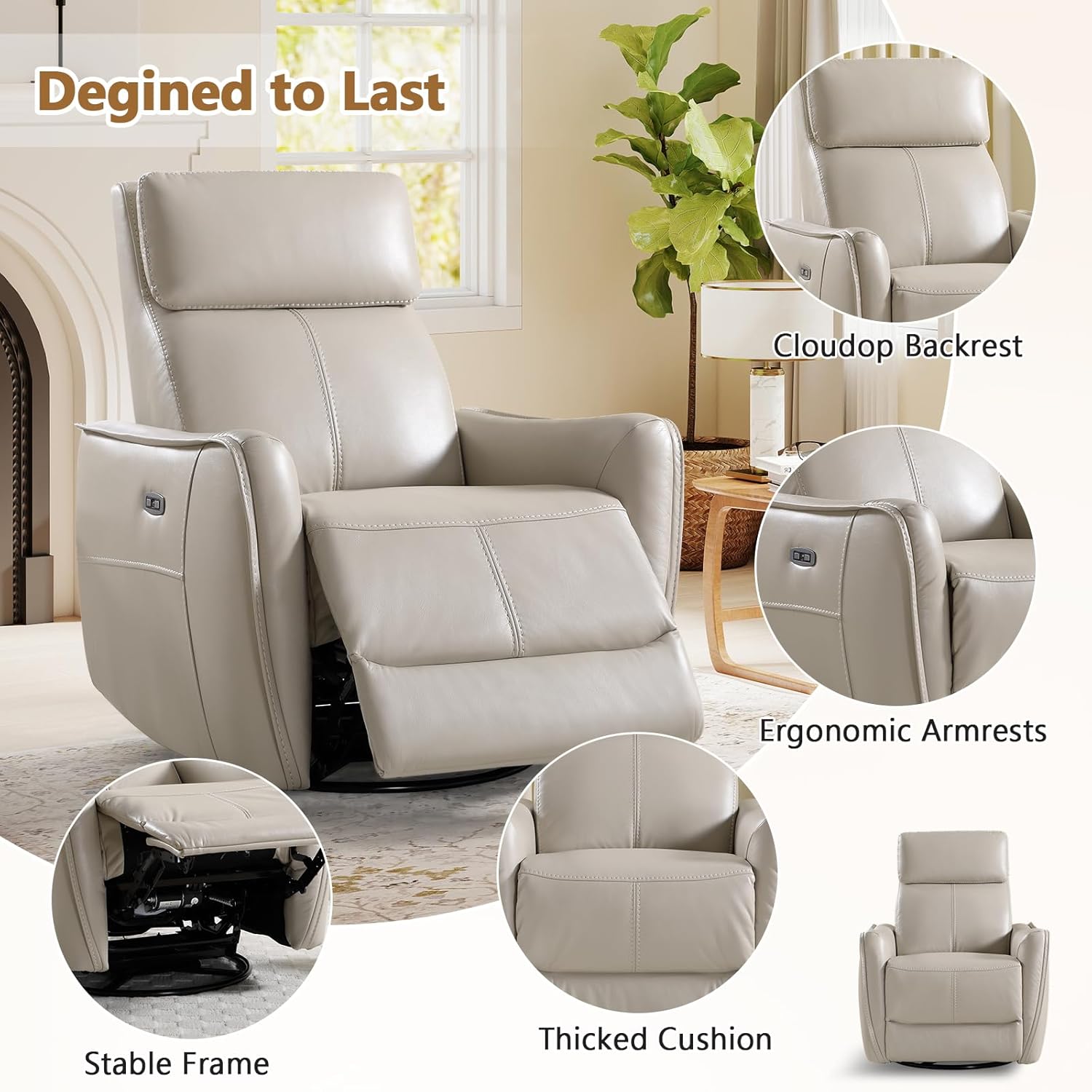 HAOMARKETS Electric Swivel Rocker Recliner Chair, Power Faux Leather Glider Rocking Recliners for Adults,360° Swivel Nursery Reclining Sofa with USB Charging Port, Beige