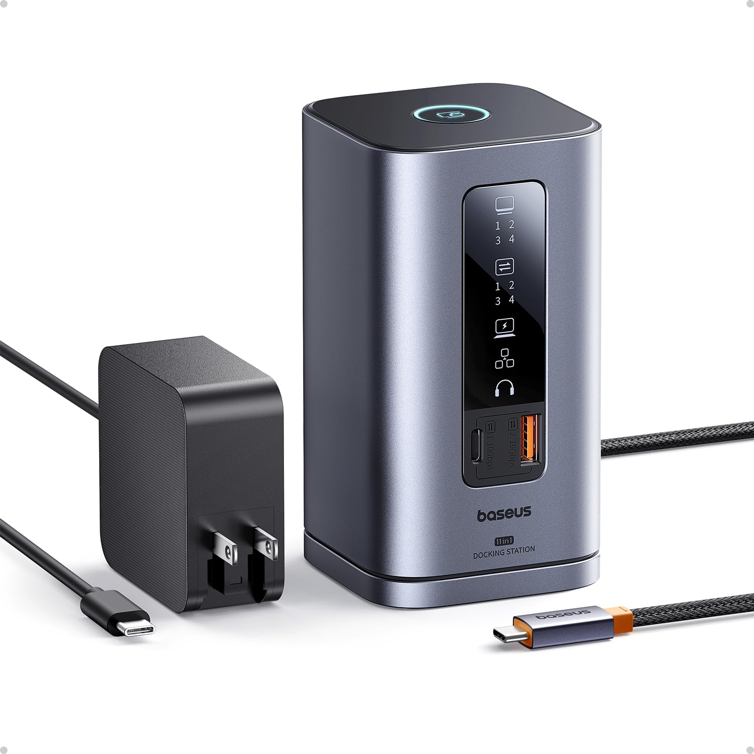 Baseus Spacemate 11-in-1 Docking Station with Power Supply for 3 Monitors | With Smart Display, 4K HDMI/DP, 10Gbps USB-C/A, 100W PD, Ethernet, Audio, Compatible with Windows Laptops HP/Lenovo/Dell/Acer