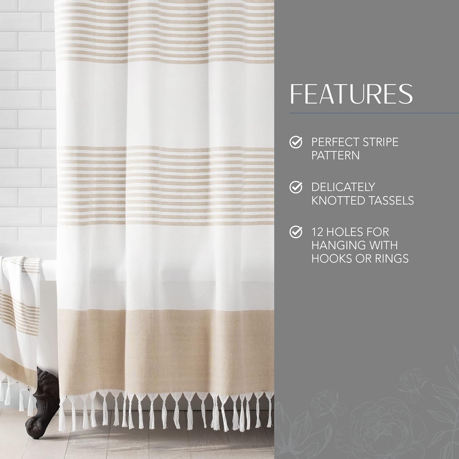 Elrene Home Fashions Boho Harper Stripe Knotted-Tassel Fabric Shower Curtain, 72 Inches by 72 Inches, Beige : Home & Kitchen