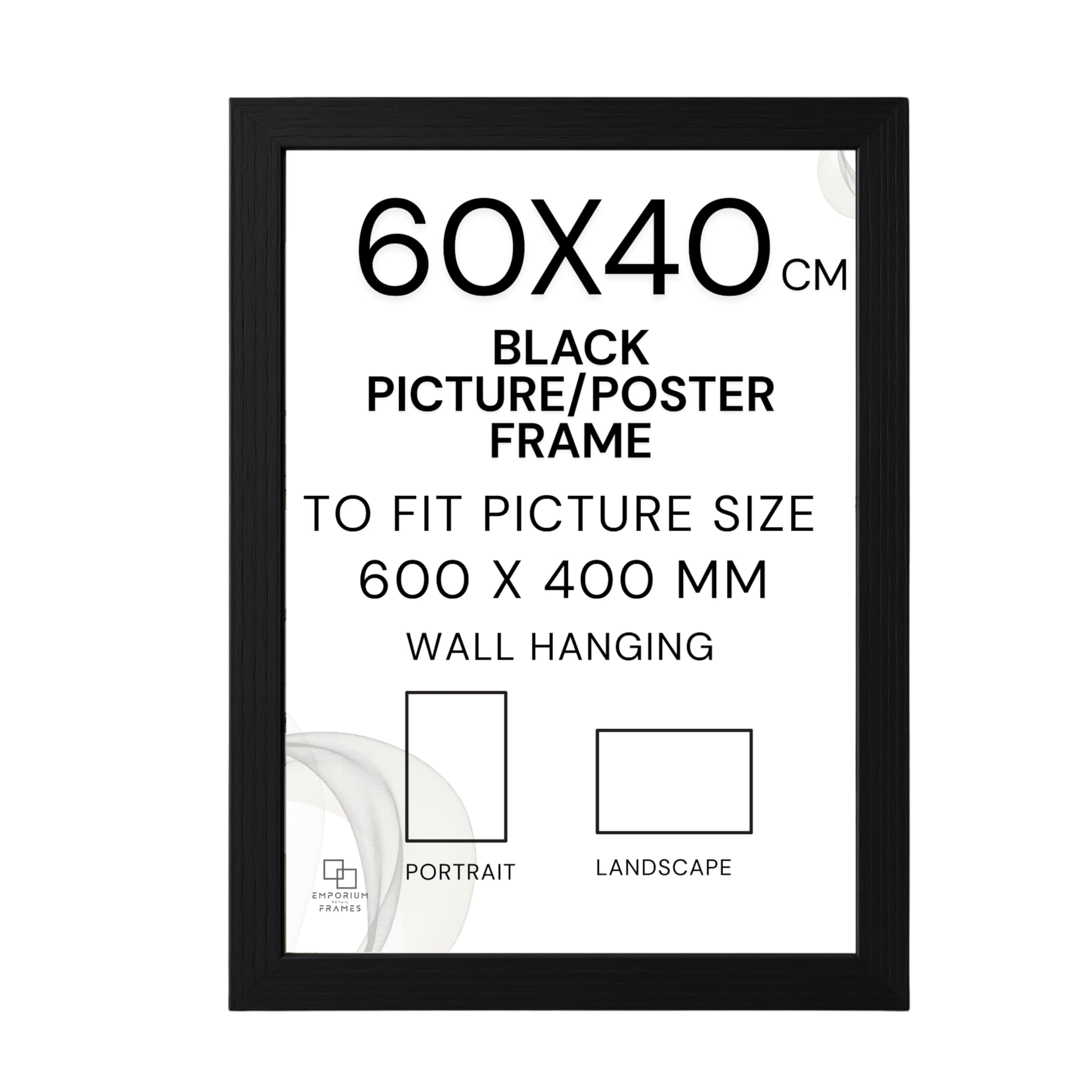 EMPORIUM RETAIL FRAMES Black 40X60 Picture Frame - 40X60 CM Black Photo Frame Wood, Styrene Acrylic Glass, MDF Back & Hooks - Portrait or Landscape - Ideal for Gallery Wall Decorations - 60x40 frame
