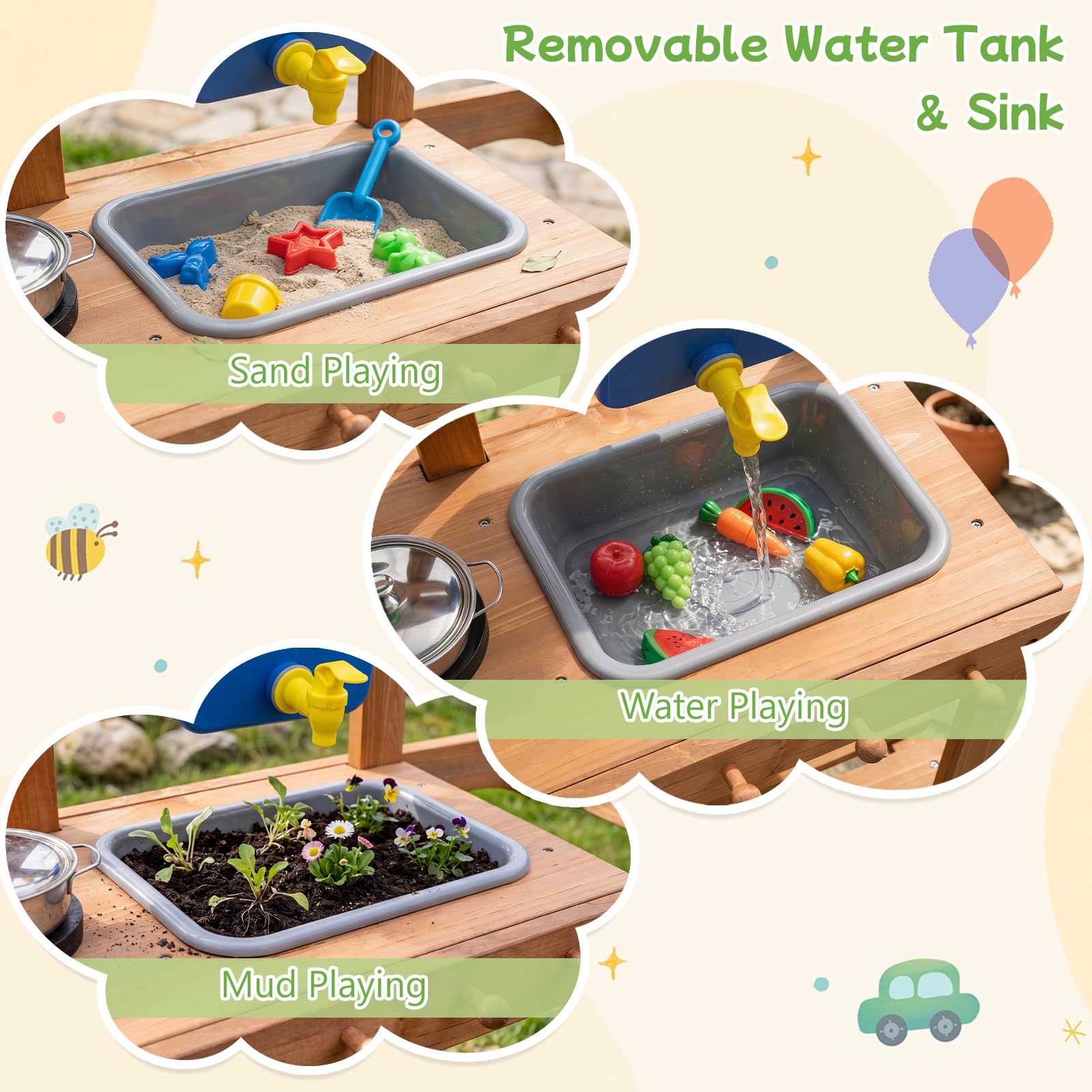 COSTWAY Cucina di Fango da Esterno, in Legno, per Bambini 3+ Anni | Cucina per Bambini con Padella, Serbatoio, Lavello, 2 Vasi di Fiori, 2 Ripiani Aperti, 2 Ruote e Accessori per Cucinare