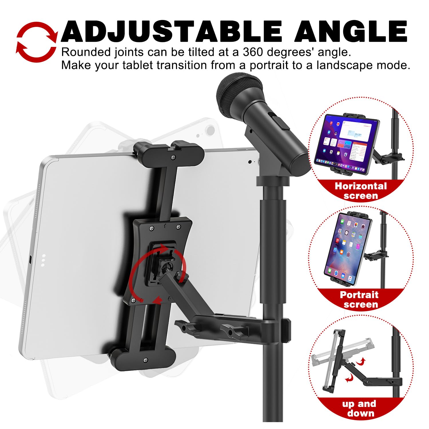 Soporte de Micrófono para Tableta, Soporte Tableta Pie de Micro 360° Ajustable, Atril iPad de Música para iPad, Pro, Mini, Air, Toutes Tabletas et Teléfono 4,7-13,5"