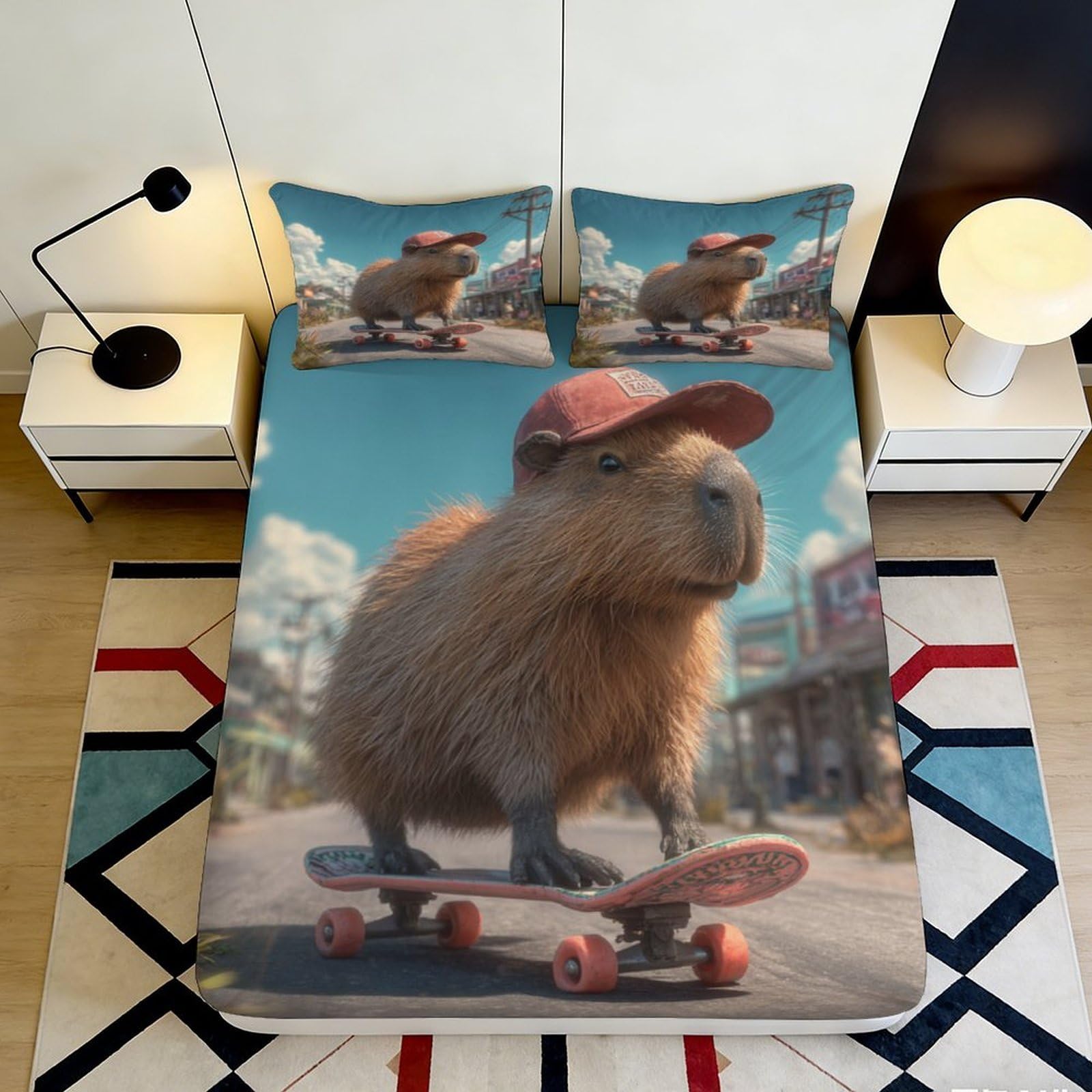 Uynsixtme Style-2 3D Printed Skateboarding Capybara Fitted Sheet Soft Microfiber Deep Pocket Bedroom Bedding Skateboard Capybara Mattress Fitted Cover Washable 200X200x25cm
