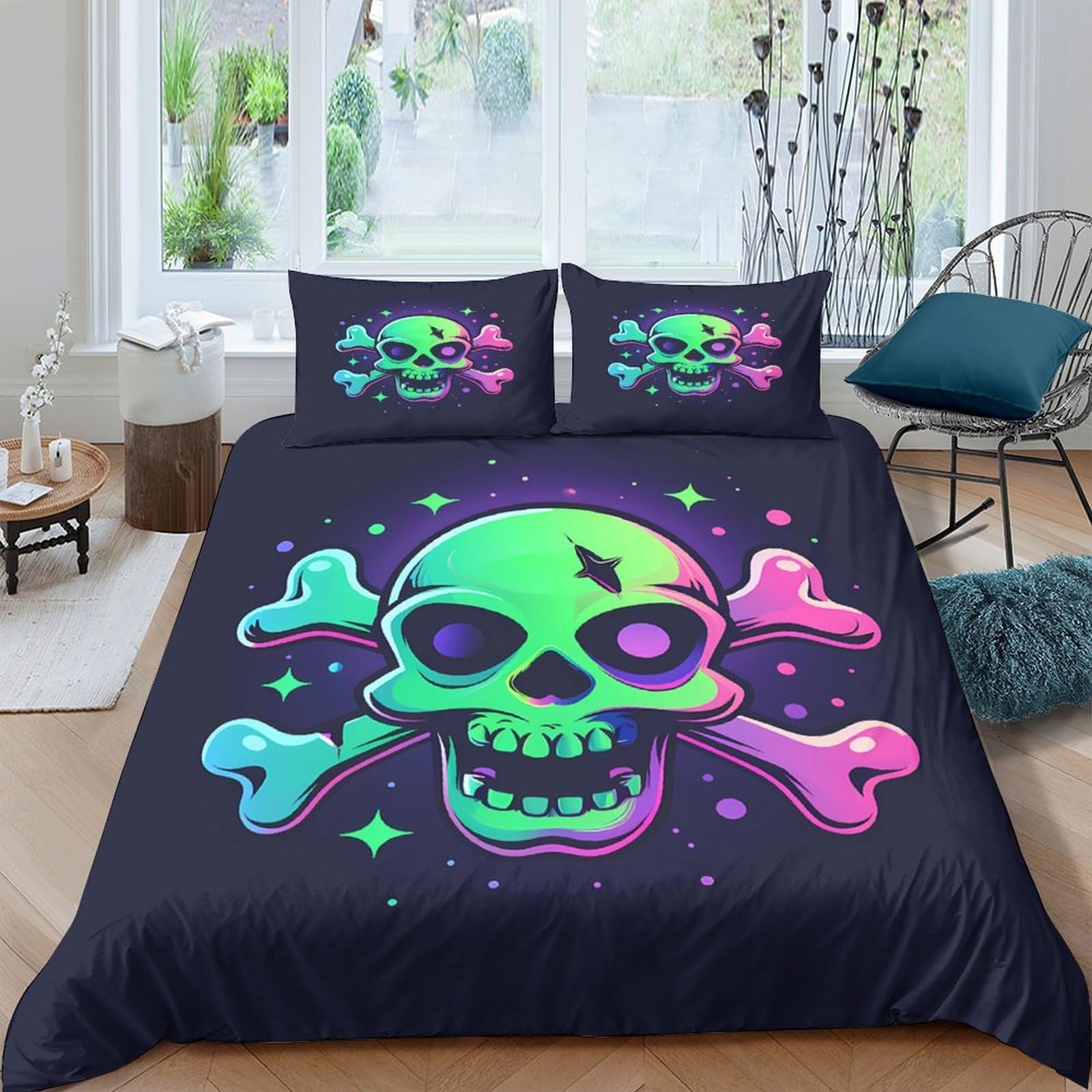Ctjqhvkz Style-7 3D Printed Neon Skull Fitted Sheet Microfiber Soft Breathable Graffiti Bones Mattress Cover For Bedroom Dorm Decor Single（135X200cm）