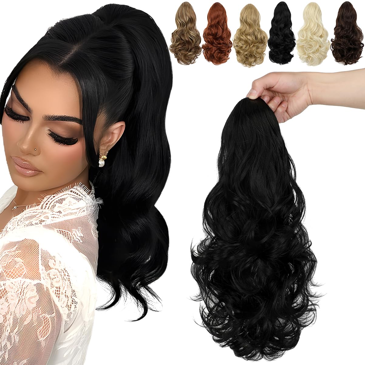 FELENDY 15" Ponytail Extension Drawstring Curly Wavy Ponytail Extensions Clip in Long Pony Tails Hair Cute Synthetic Piece for Women Dark Black