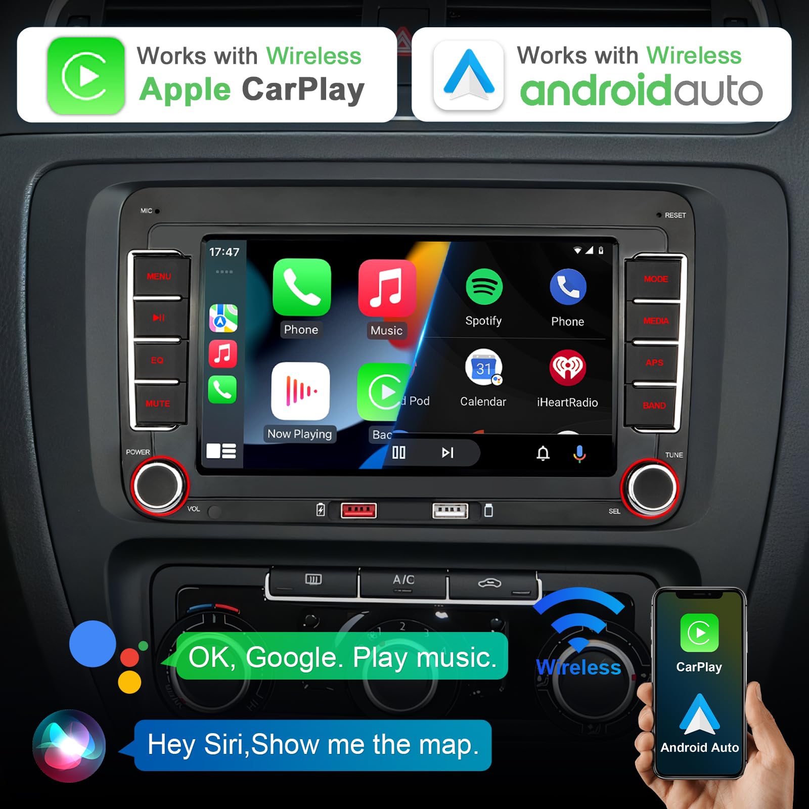 Autoradio mit Navi Bildschirm für VW Golf 5/6 Seat Passat Sharan Tiguan,7 Zoll Golf Radio mit Apple CarPlay & Android Auto Mirrorlink, VW Polo T5 Caddy Radio Bluetooth GPS SWC EQ USB FM, Linux