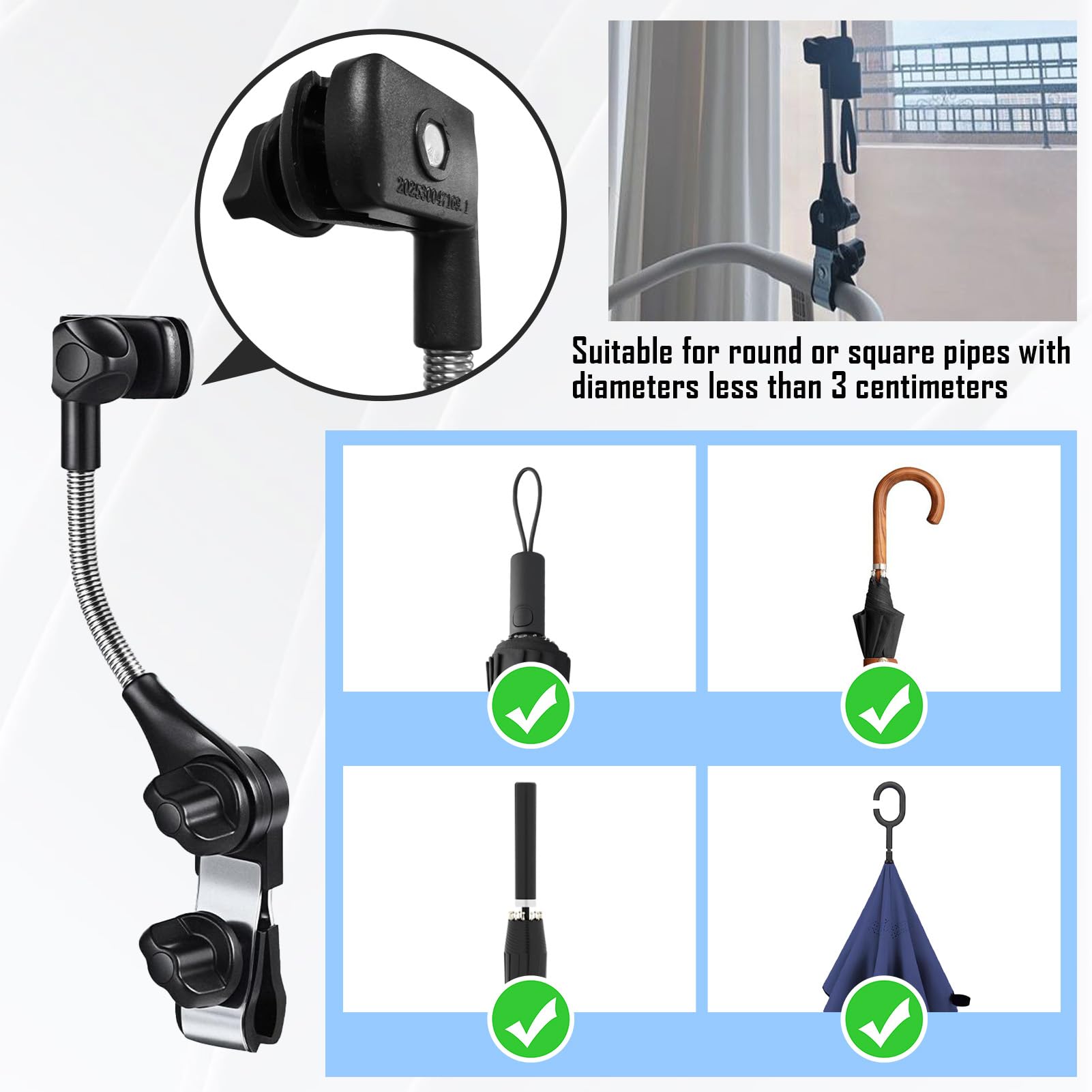 Portaombrelli per Passeggino, Facile da Installare ，Morsetto per Ombrello, Montatura per Maniglia per Passeggino con Supporto Elastico Regolabile a 360 ° Sedia per Carrozzina Bicicletta