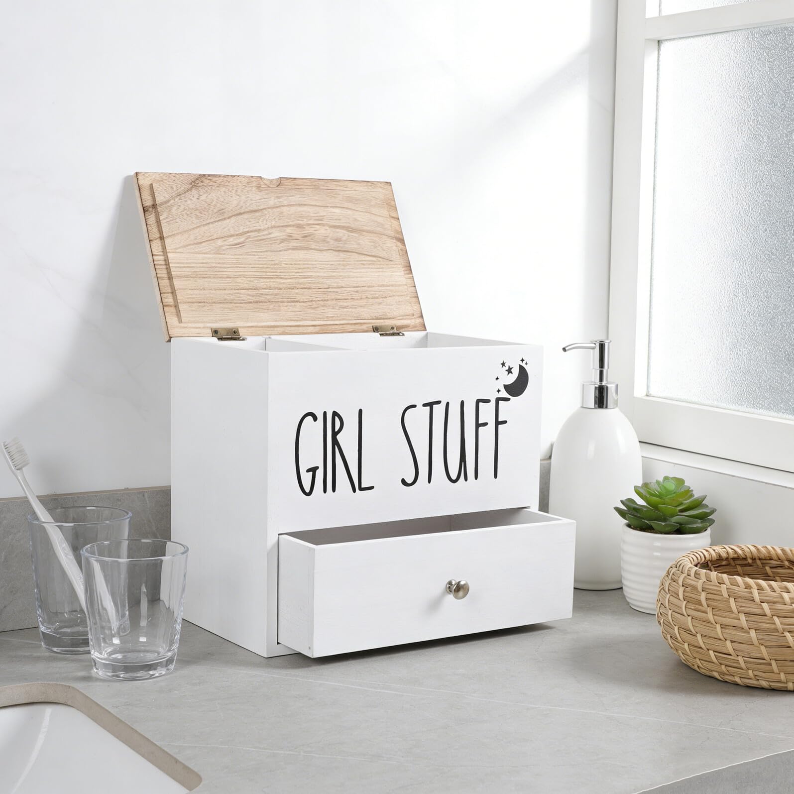 Porta Assorbenti per Bagno in Legno con Coperchio di Sicurezza Contenitore per Assorbenti Igienici e Piccolo Organizer Bagno Bianco Scatola Portaoggetti per Prodotti Femminili e