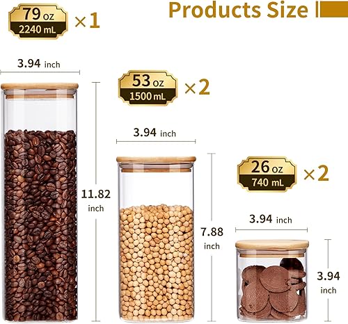 Miniatura 4 de Spreccio Juego de 5 recipientes cuadrados para la cocina, perfectos para pasta, galletas, frutos secos, café, cereales, harina, organiza tu cocina y