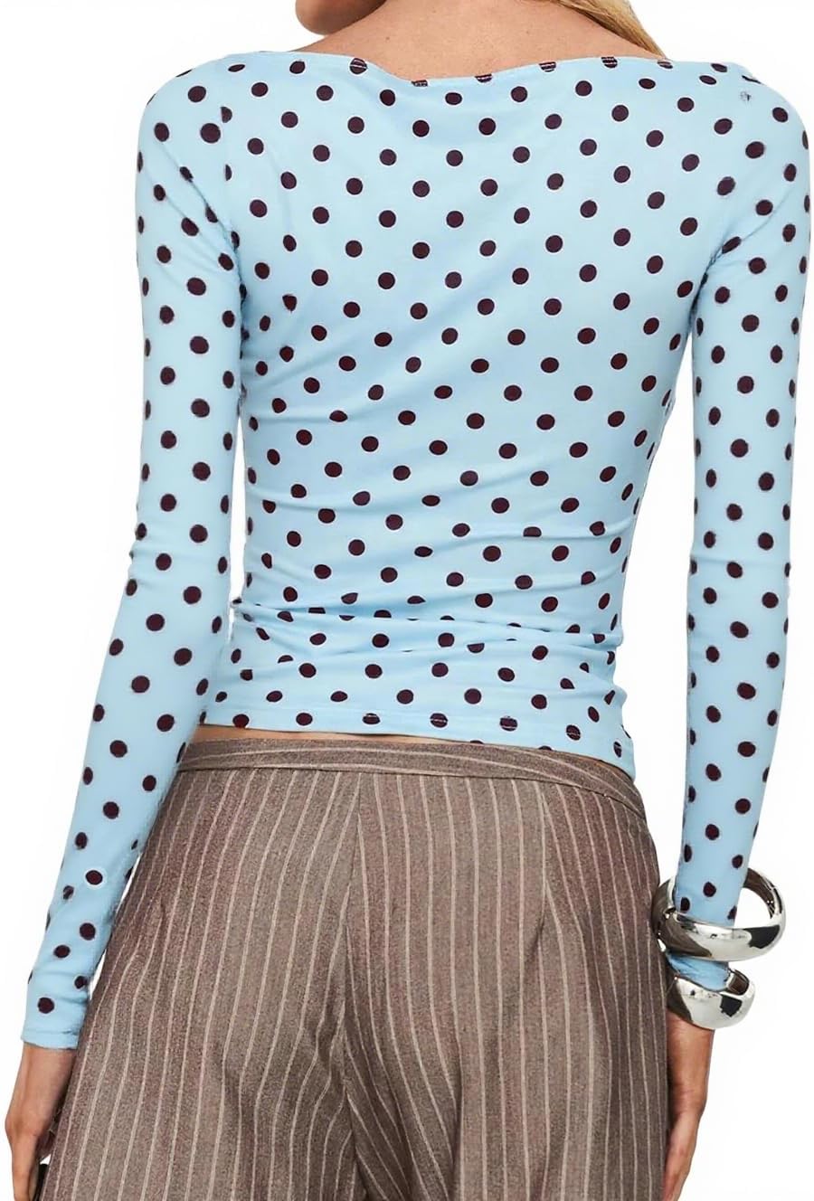 Women Y2K Long Sleeve T-Shirt Vintage Polka Dot Boat Neck Slim Fit Crop Top Spring Fall Going Out Tops Blouse Shirt - Image 2