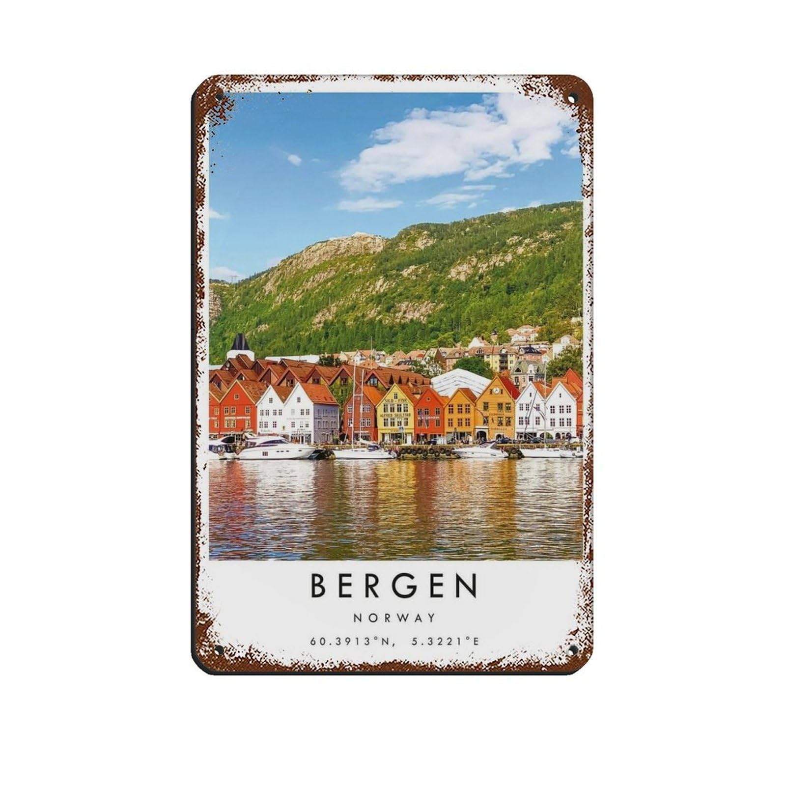 Bergen Travel, Norway Poster Tin Sign Vintage Metal Pub Club Cafe Bar Home Wall Art Decoration Poster Retro 8x12inch(20x30cm)
