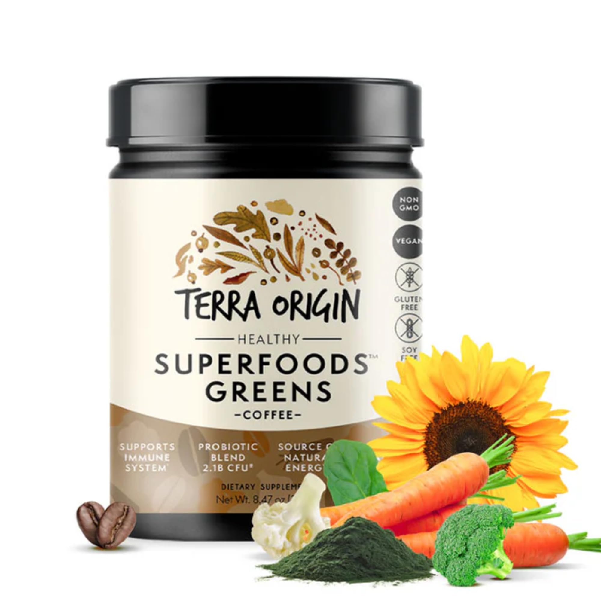 TERRA ORIGINSuperfoods Greens Blend Immune and Digestive Support | Organic Vegetable Supplement with Tumeric, Milk Thistle, Green Tea, Chlorella | Non-GMO, Gluten-Free, Vegan | Coffee | 30 Servings