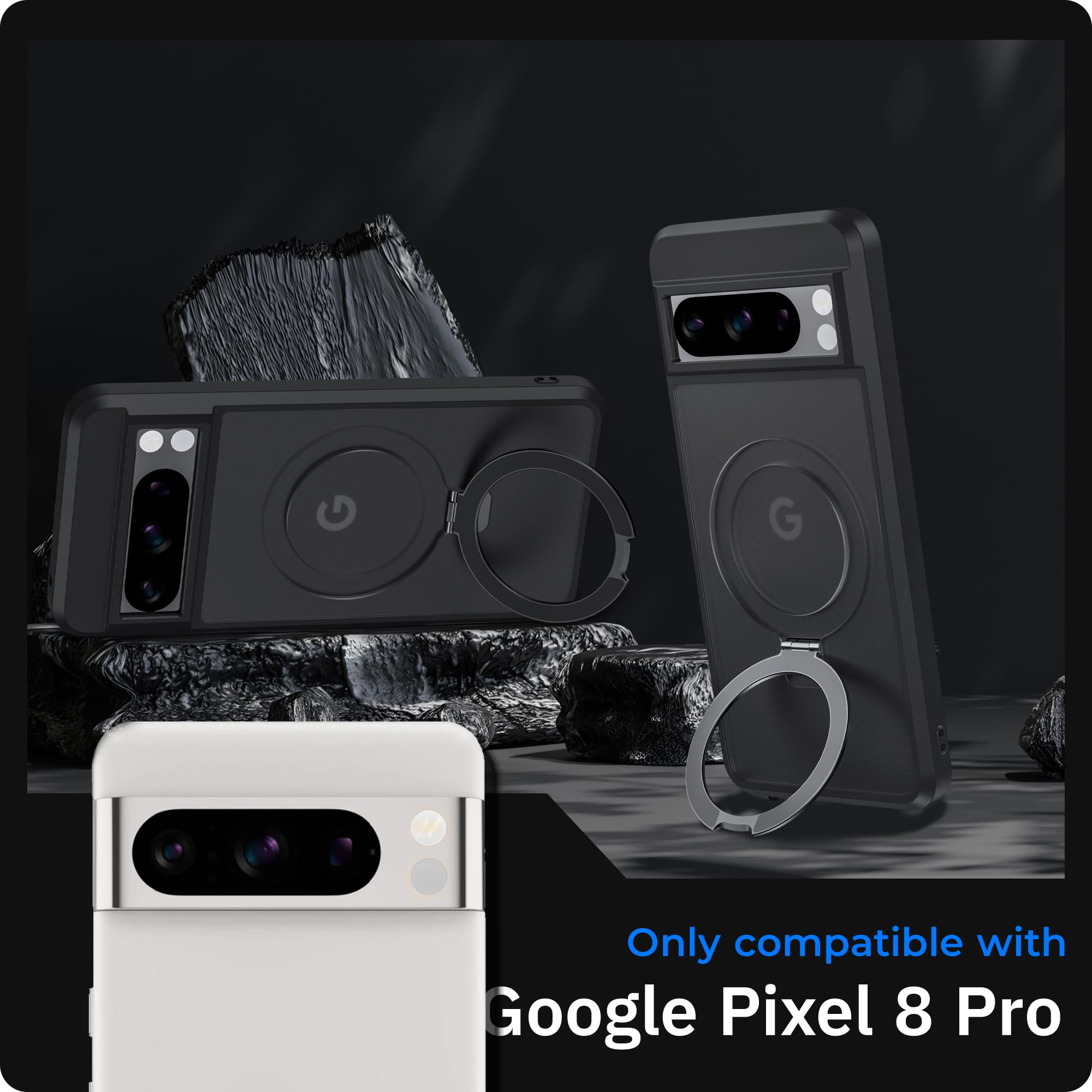 LONLI JIC – for Pixel 8 Pro Case – Translucent Black Matte Protective Phone Case (2nd Gen) – [Kickstand and Magnets for Magsafe] – [10 FT Drop Protection