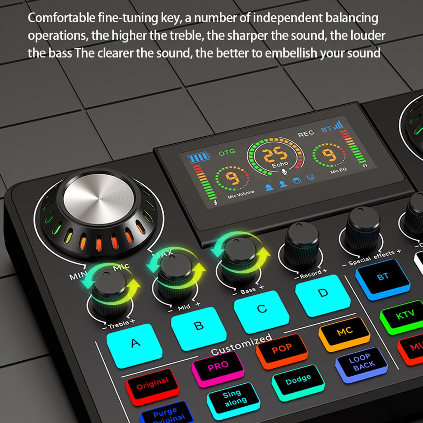 Scheda audio live, scheda mixer audio professionale con cambio voce, schermo LED regolabile, riverbero e luci RGB, mixer audio per streaming e podcasting