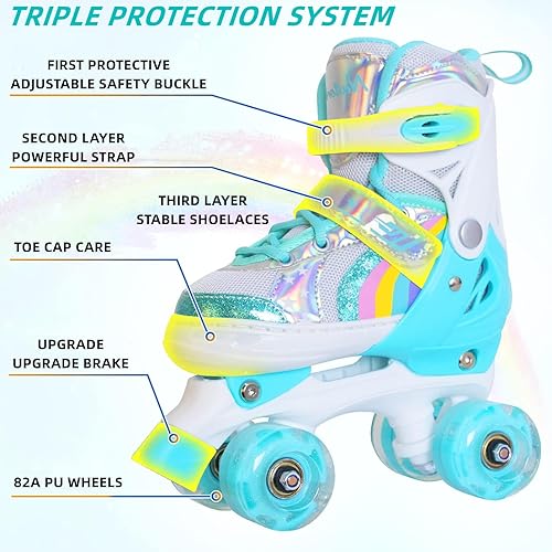 Miniatura 4 de Nattork - Patines de ruedas para niñas pequeñas, 4 tamaños ajustables de arco iris con ruedas iluminadas, el mejor regalo para niños principiantes